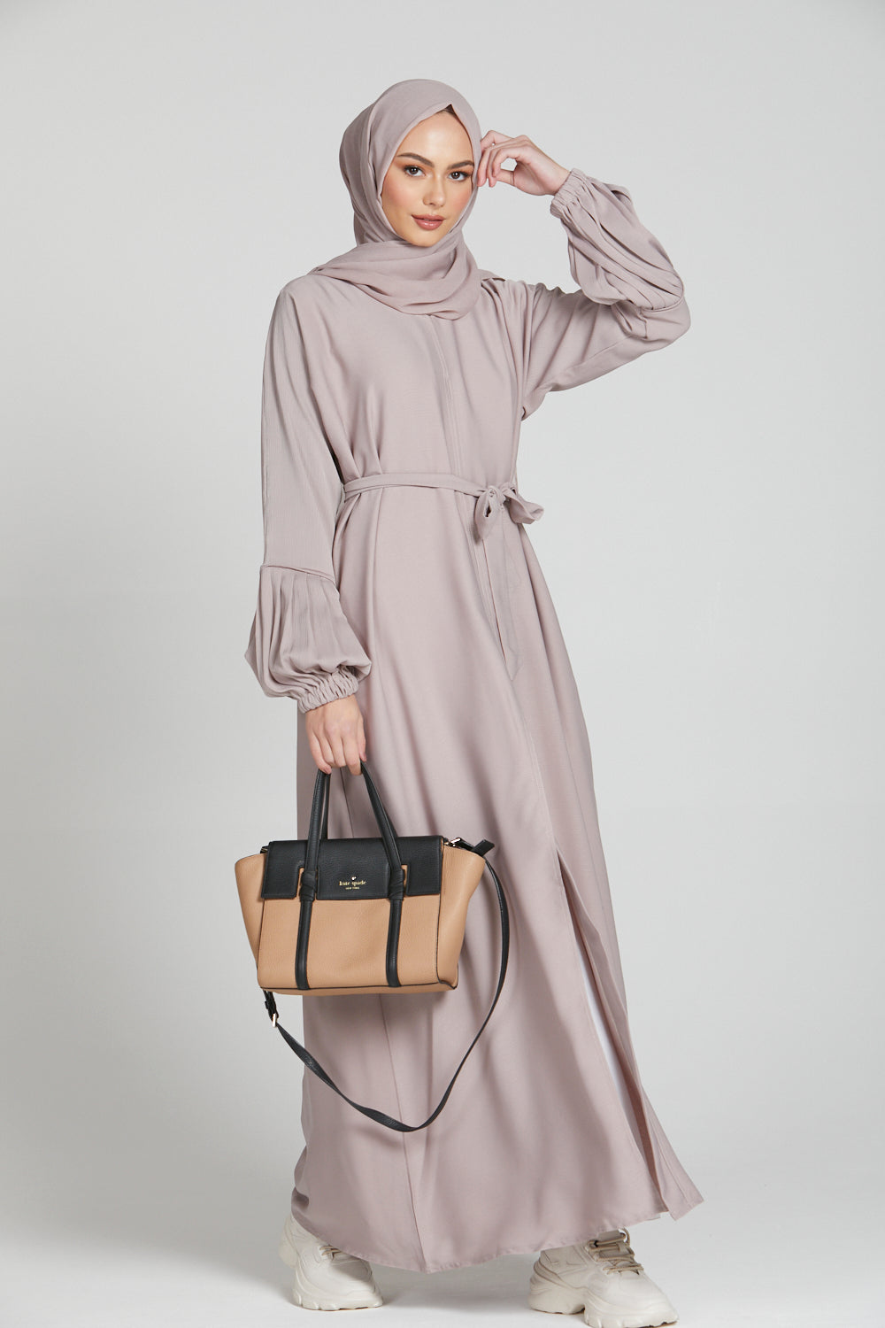 Premium Open Textured Abaya with Pleated Cuffs - Light Mink Color | Elegant Islamic Dress for Women | Perfect for Prayer, Eid, and Special Occasions