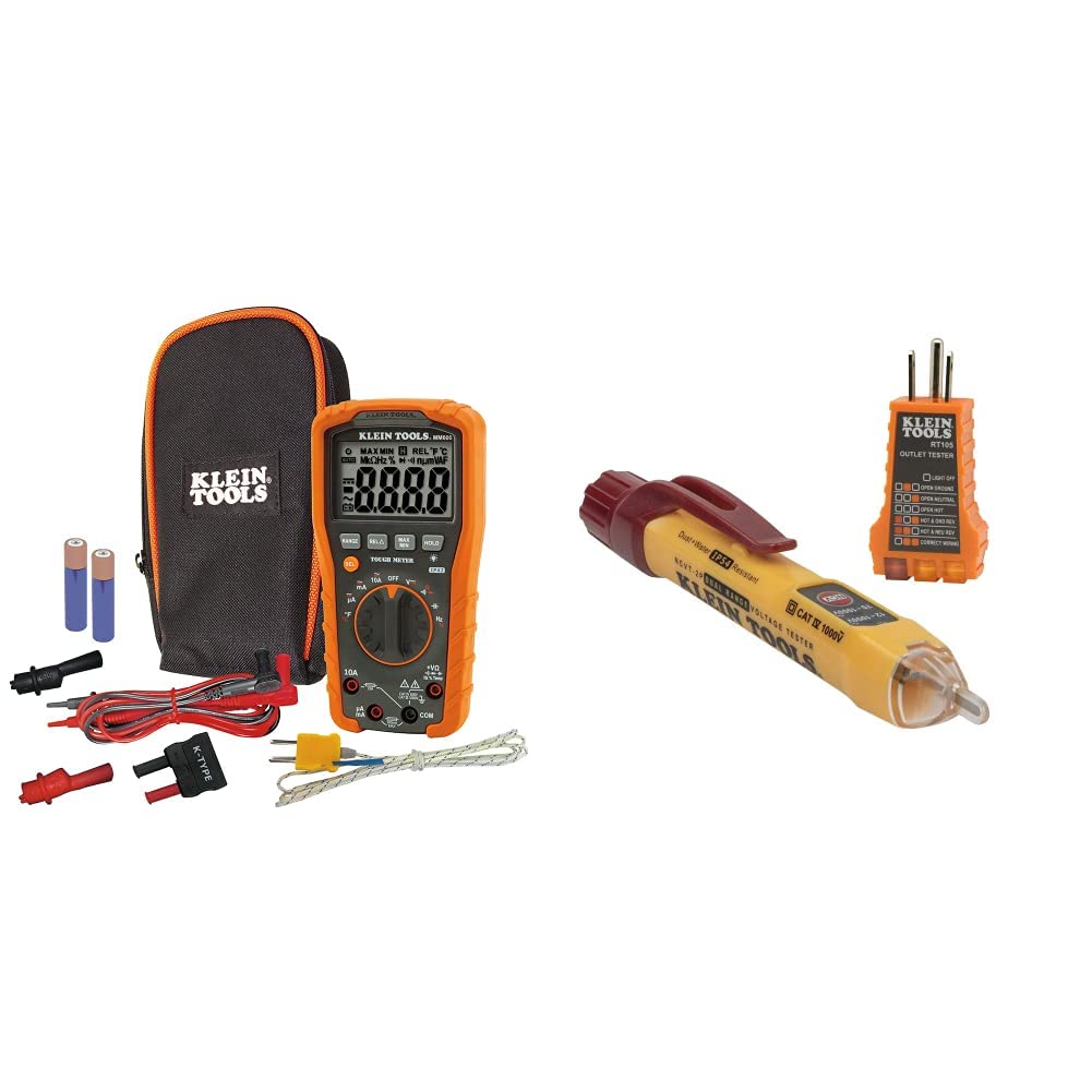 Klein Tools MM600 Digital Multimeter & NCVT2PKIT Non-Contact Voltage Tester Kit with Receptacle Tester - 12-48V/48-1000V AC Dual Range for Electricians, HVAC, Automotive & Home Electrical Testing
