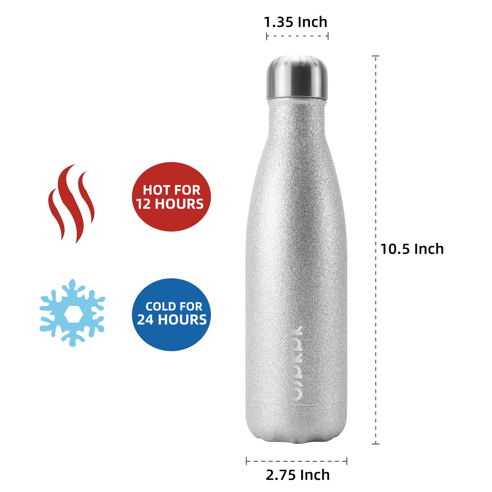 BJPKPK 17oz Stainless Steel Insulated Water Bottle - Keeps Drinks Cold 24H & Hot 12H, BPA Free, Glitter Silver - Perfect for Gym, Hiking, Travel & Outdoor Activities
