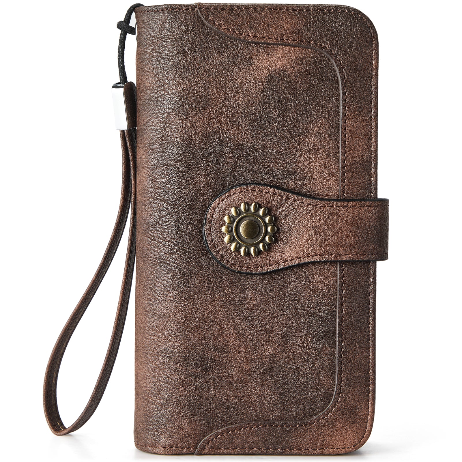 Lomy Women's Large Leather Wristlet Clutch with Sunflower Clasp - Stylish Handbag for Evening Parties, Weddings & Date Nights