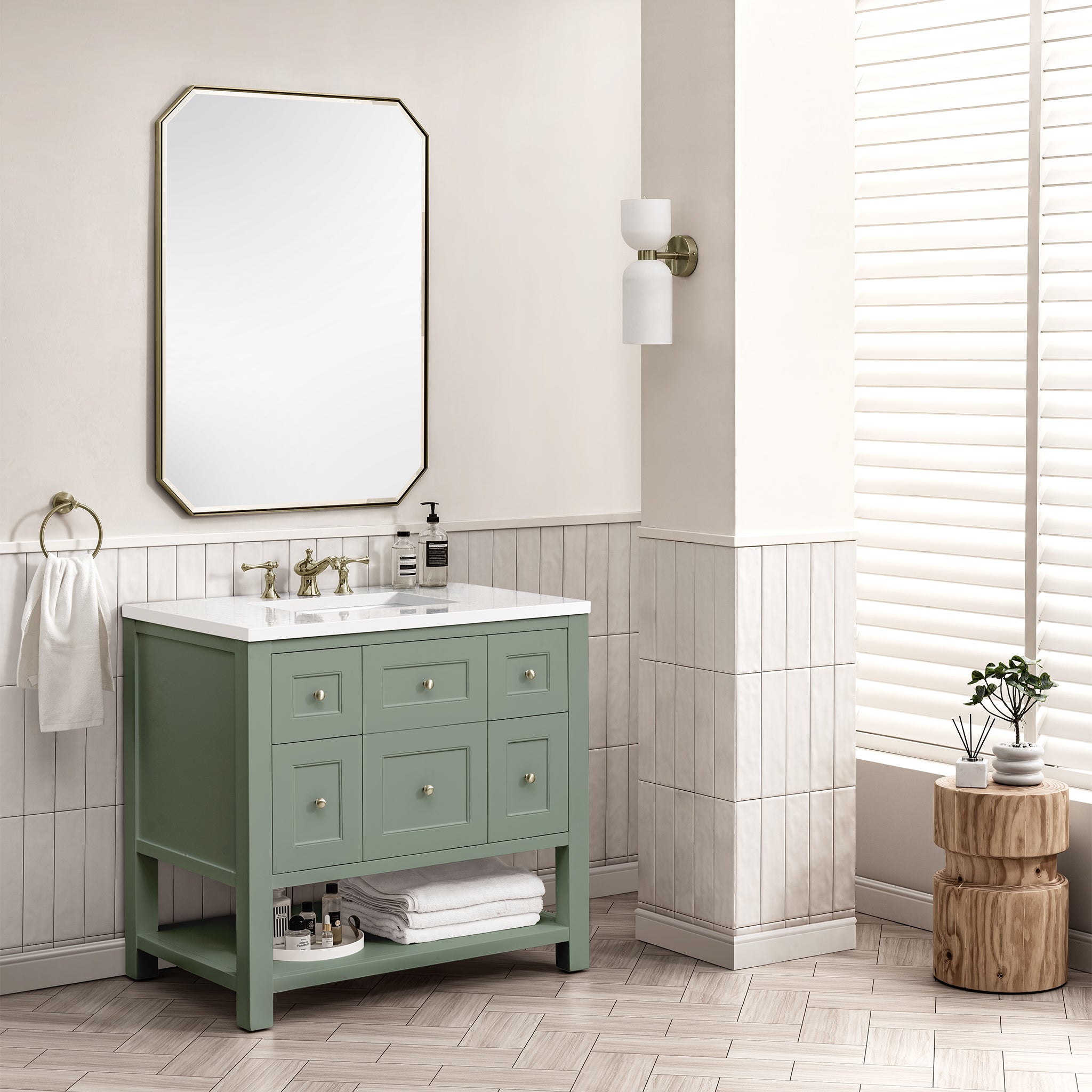 Breckenridge 36 Inch Single Bathroom Vanity with Smokey Celadon Finish & 3CM White Zeus Countertop - Perfect for Modern Home Bathroom Remodeling and Small Space Design