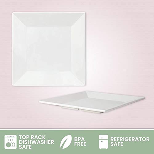 [6 Sets of 4] 10x10 Inch White Square Melamine Plates - Unbreakable Elegant Dinnerware Set with Sauce Dish - Perfect for Restaurants, Picnics, Parties & Outdoor Dining