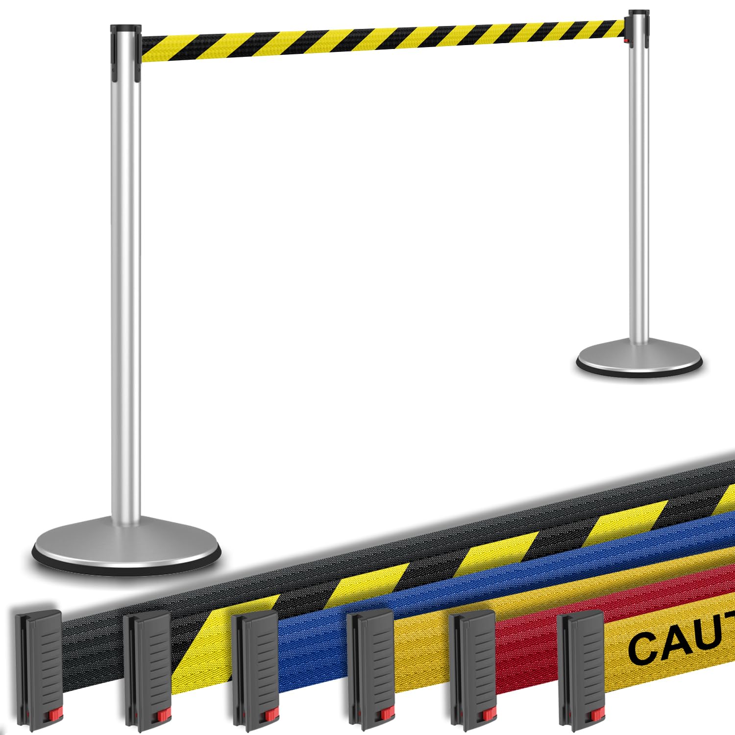 Retractable Belt Barrier Stanchion (2-Pack) - 10ft Crowd Control Belt with Steel Post - No Tools Required - Satin Silver Post & Black/Yellow Belt - Perfect for Event Queues, Retail Lines, and Crowd Management