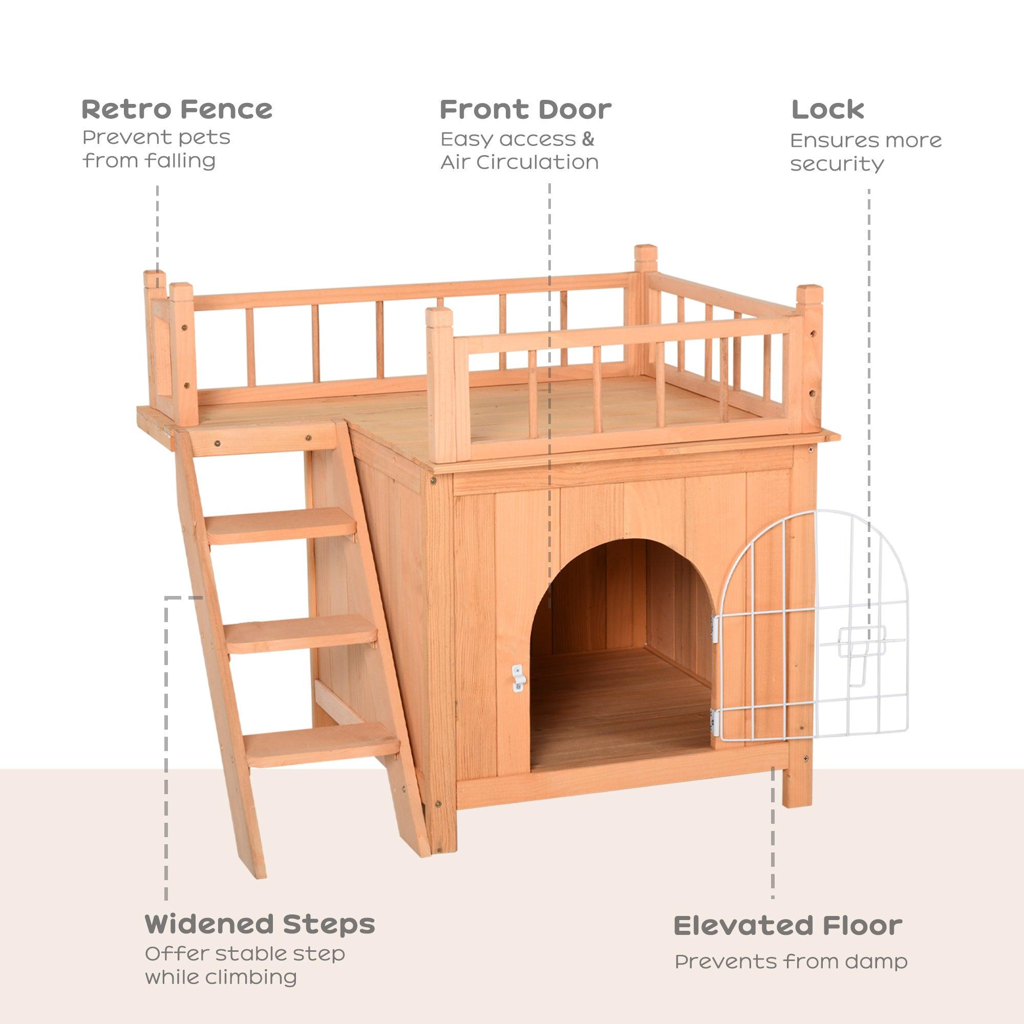 2 Level Wooden Cat House with Lockable Wire Door & Balcony - Outdoor Cat Condo & Dog Shelter, Natural Wood - Perfect for Backyard, Patio, or Indoor Pet Play Area