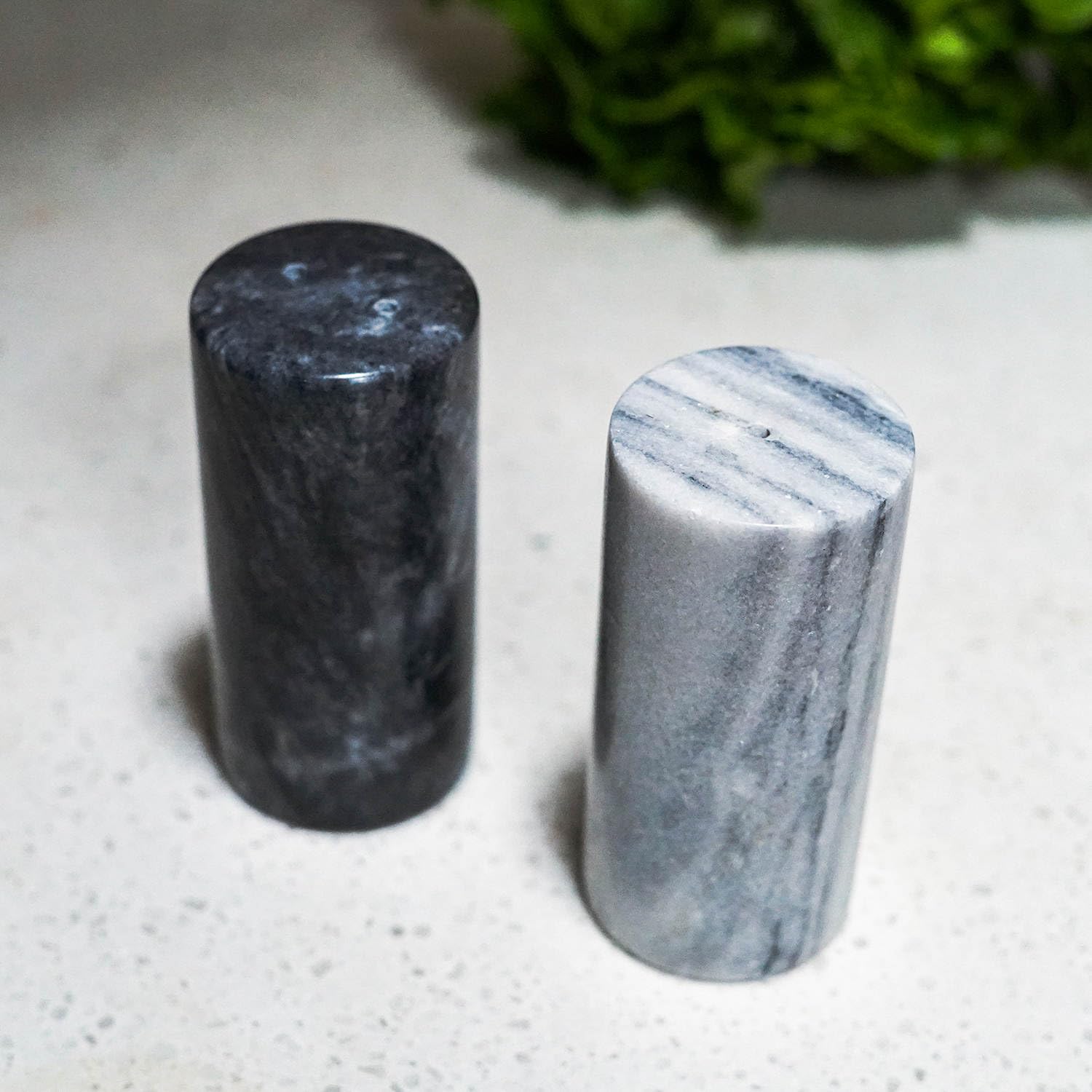 Premium Marble Salt and Pepper Shaker Set - Elegant Black & White Natural Marble with Matching Tray, Silicone Lids & Cleaning Brush - Luxury Kitchen Decor & Housewarming Gift for Dining Table, Kitchen Counter, and Wedding Registry