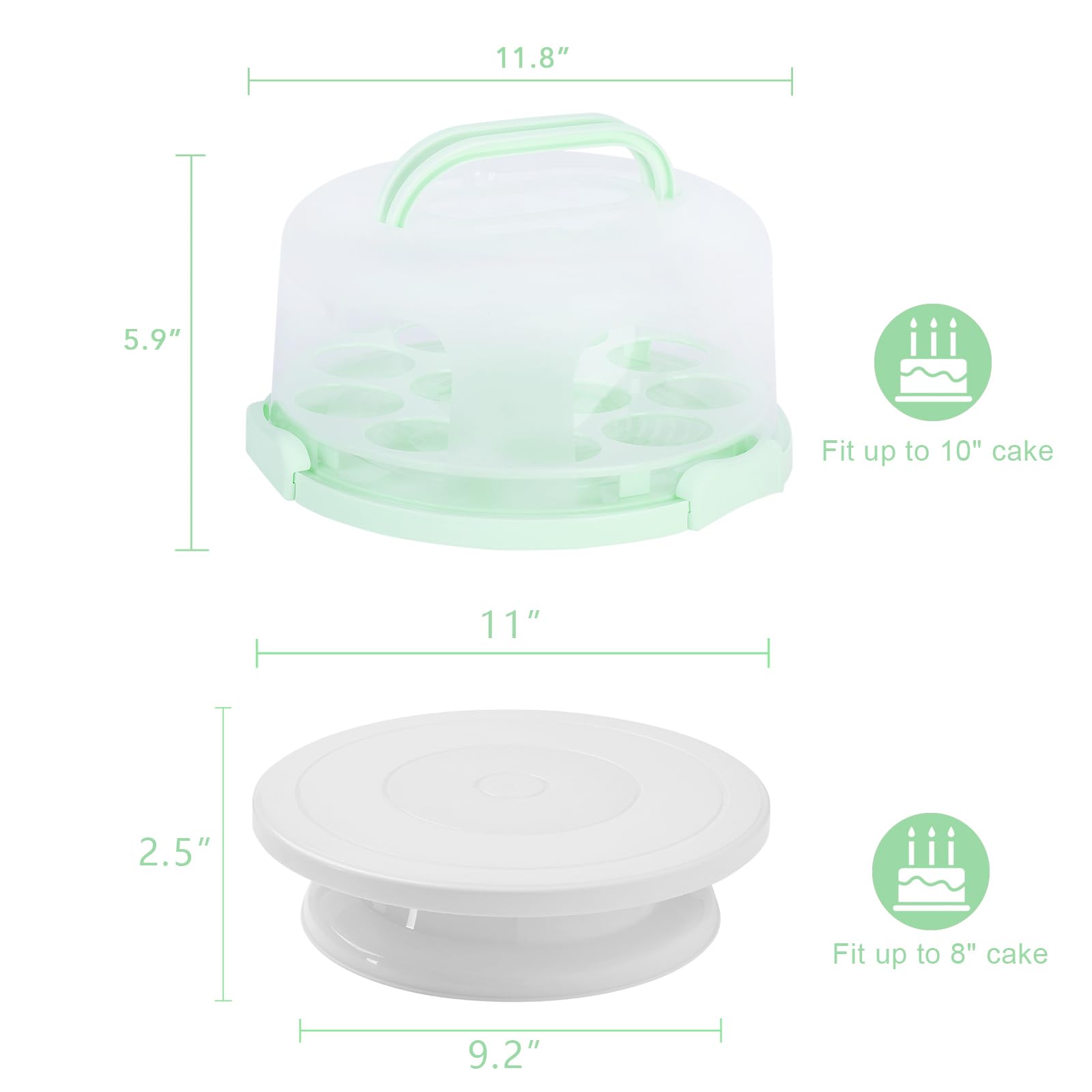 Premium Cake Carrier with Lid & Handle - 12 Inch Cupcake Holder & Rotating Turntable for Baking, Transporting & Decorating (Green) - Perfect for Birthday Parties, Wedding Cakes & Professional Bakeries