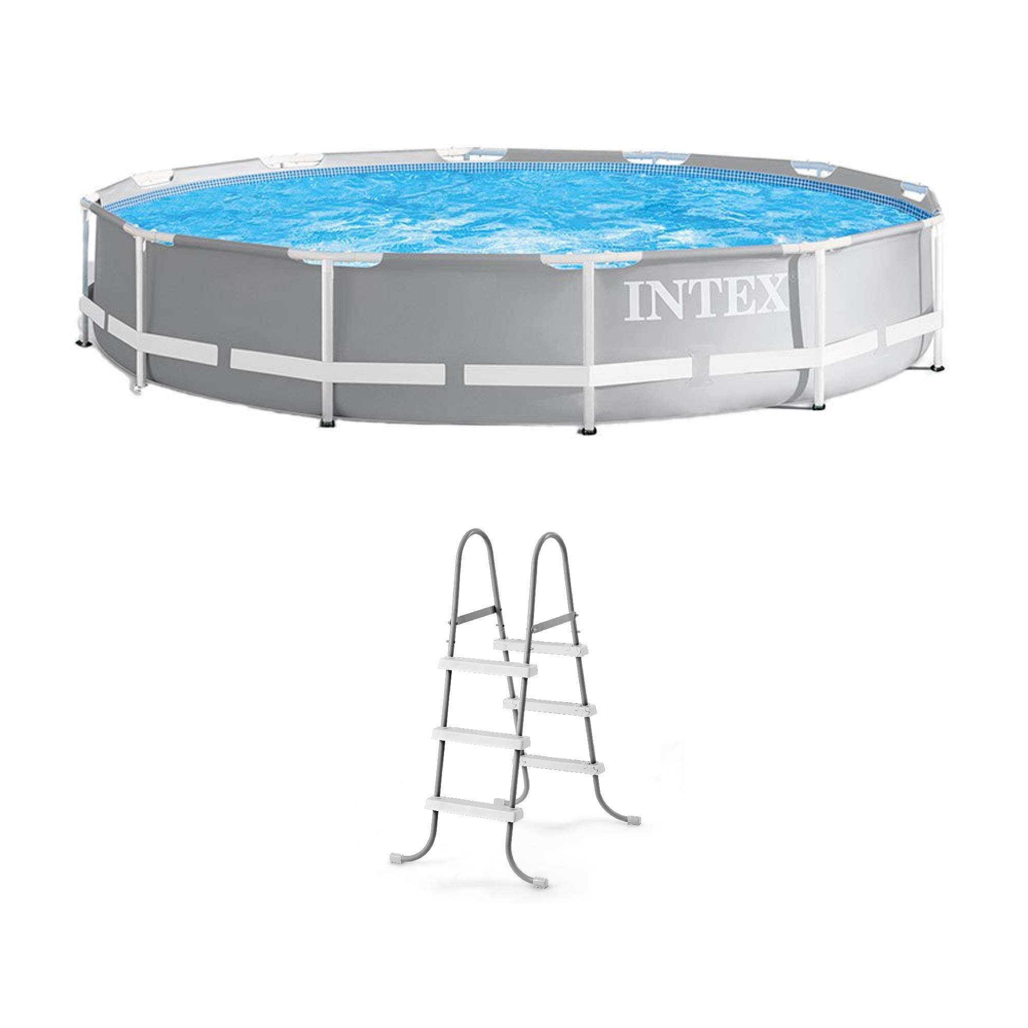 Intex Prism Frame 12ft x 30in Round Above Ground Swimming Pool Set with 530GPH Filter Pump & Steel Ladder - Durable Outdoor Backyard Pool for Family Fun, Summer Parties, and Kids Water Play