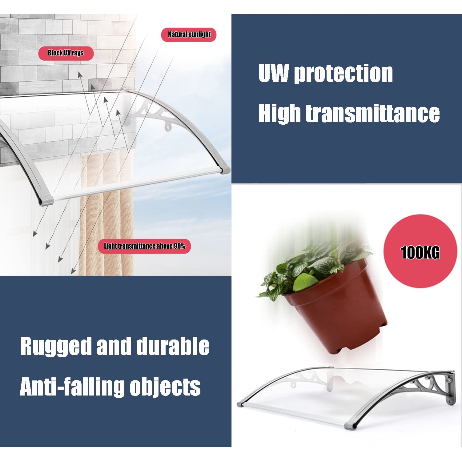 White 110x60cm Polycarbonate Front Door Canopy - Weatherproof Window Rain Shelter & Patio Porch Awning with Aluminum Bracket - Outdoor AC Cover for Rain & Snow Protection - Perfect for Home Entryway, Garden, and Window Protection