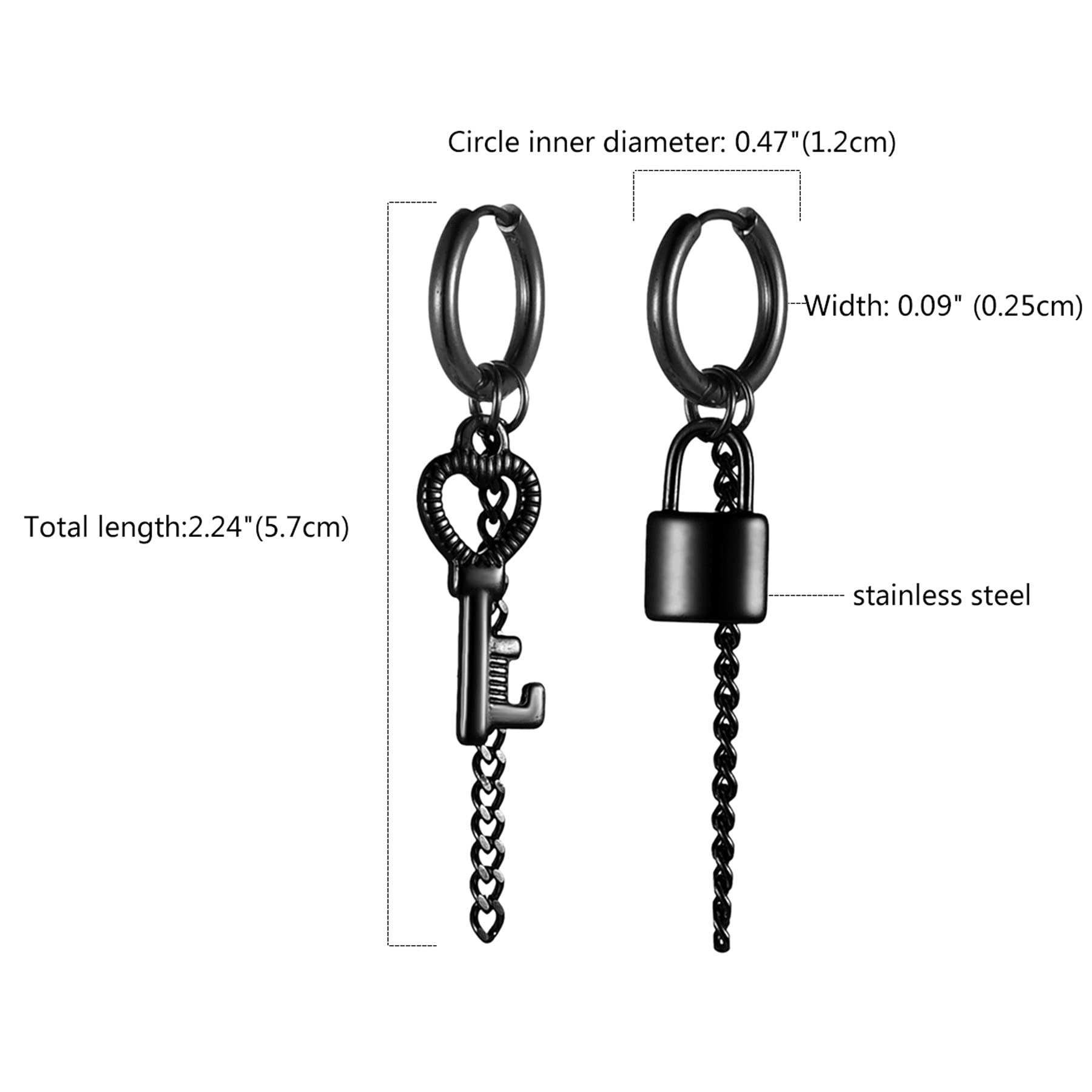 Stainless Steel Lock Key & Long Chain Dangle Hoop Earrings Set for Women & Men - Hinged Piercing Hoops Jewelry for Valentine's Day, Halloween Parties & Everyday Wear