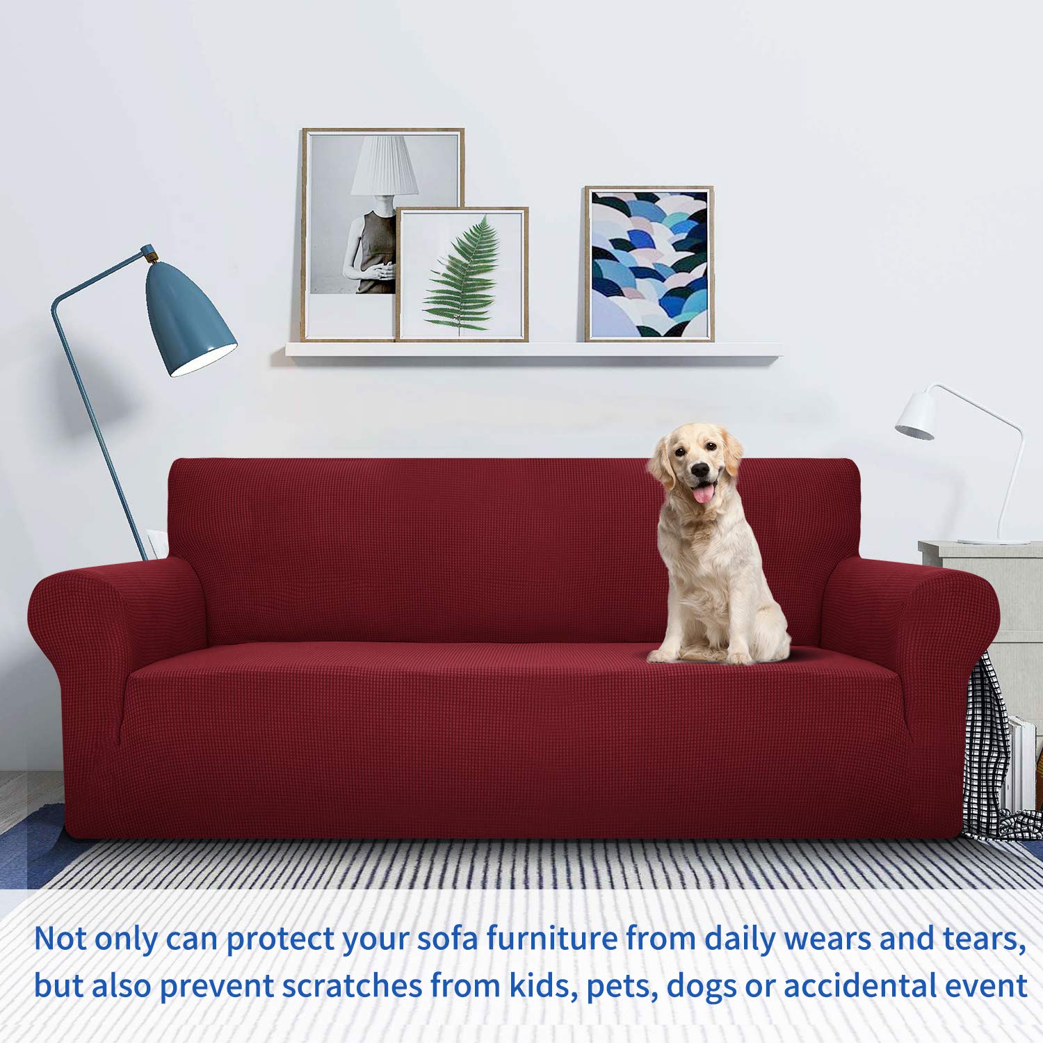 MAXIJIN Super Stretch Sofa Cover for 3 Cushion Couch - 1-Piece Universal Jacquard Spandex Furniture Protector - Pet Friendly Fitted Couch Cover (Extra Large, Wine Red) - Perfect for Living Room, Family Room & Pet Owners