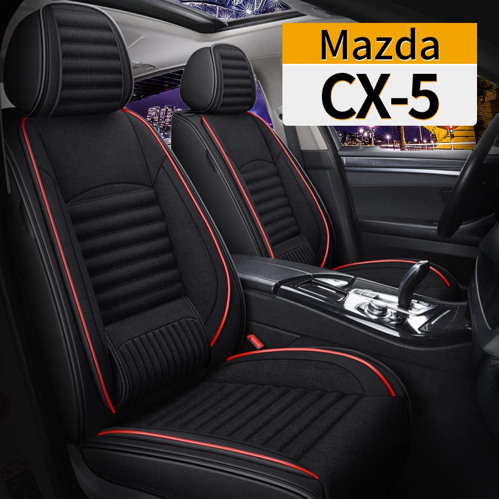 Premium Custom Fit Car Seat Covers for 2013-2022 Mazda CX-5 - Breathable Linen Fabric with Airbag Compatibility (Red & Black) - Perfect for Road Trips, Daily Commutes & Protecting Your Vehicle Interior