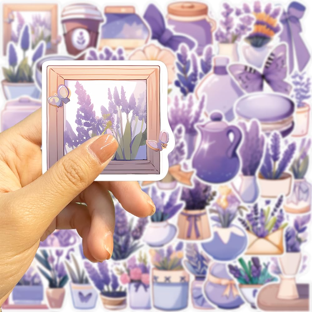 50Pcs Lavender Flower Stickers - Waterproof Vinyl Decals for Water Bottles, Laptop, Luggage, Cup, Phone & Skateboard - Perfect for DIY Crafts, Scrapbooking & Personalizing Accessories