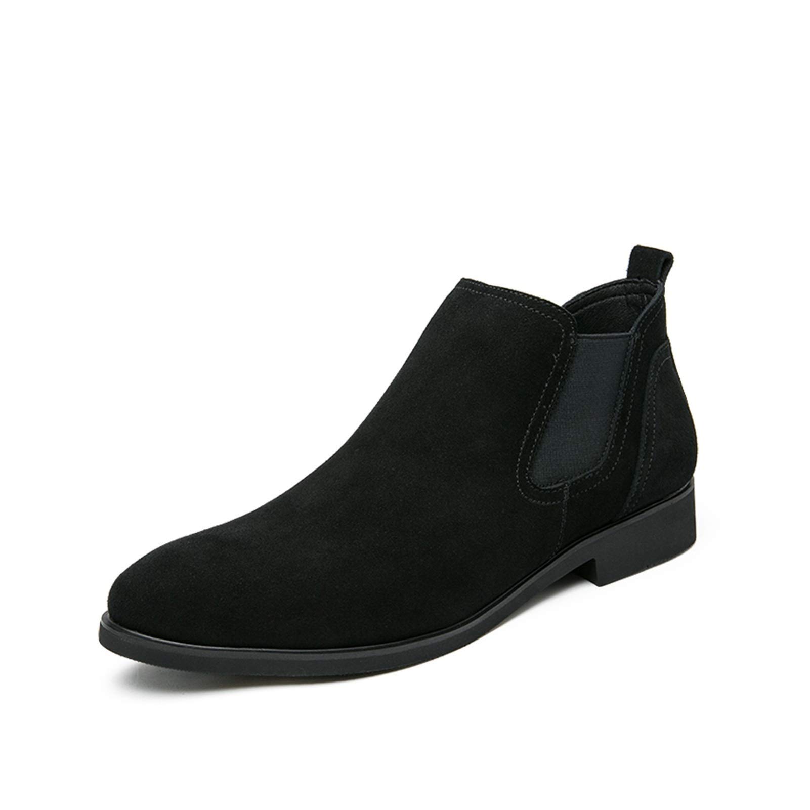 Men's Motorcycle Chelsea Boots - Slip On Almond Toe Business Casual Riding Boots with Elastic Gussets & Faux Suede - Synthetic Sole & Block Heel Leather Shoes for Motorcycle Enthusiasts & Office Wear