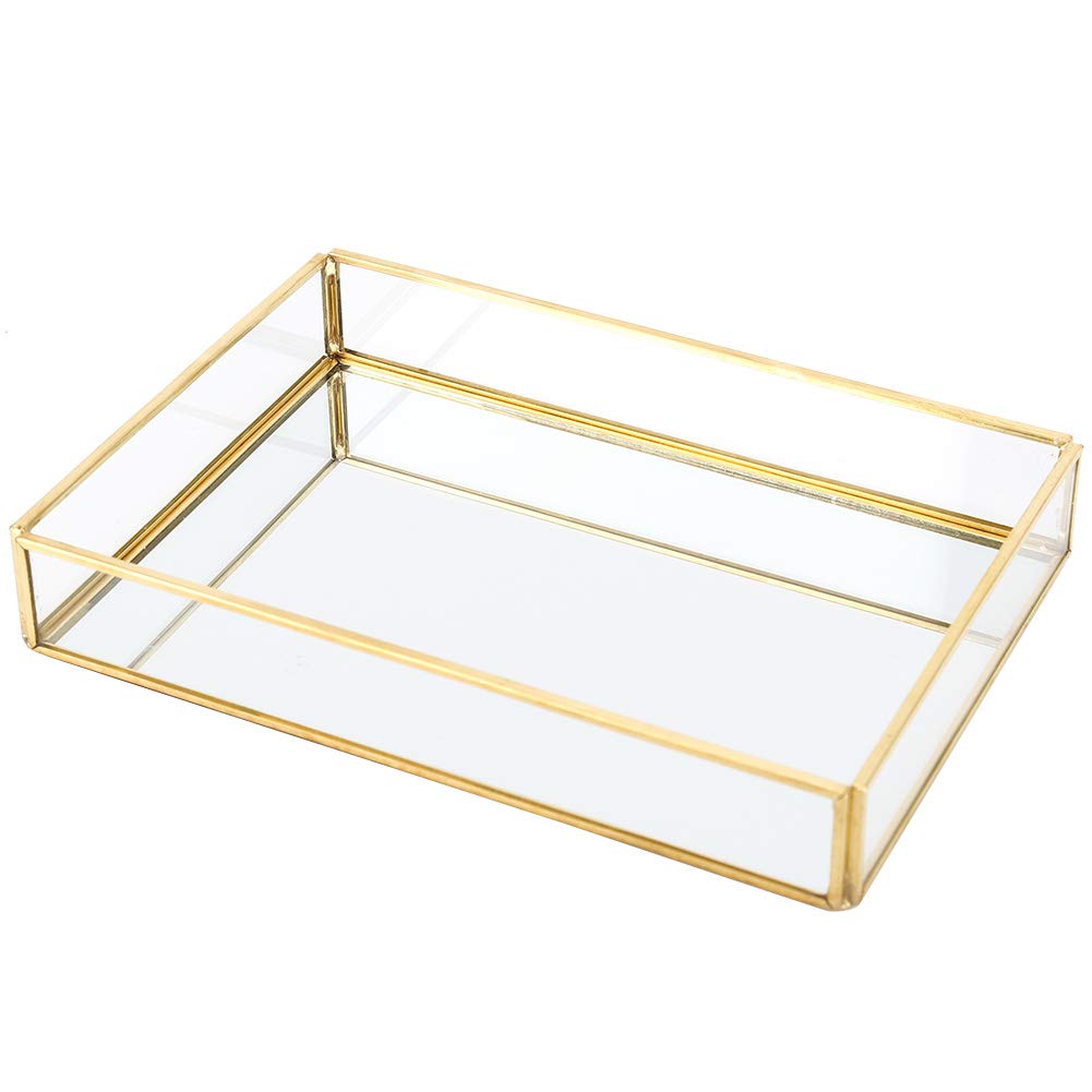 Vintage Glass Jewelry Organizer Box with Golden Metal Frame - Square Keepsake Storage Box for Necklaces, Rings & Earrings - Elegant Vanity Decorative Box for Dresser, Bedroom & Bathroom Organization