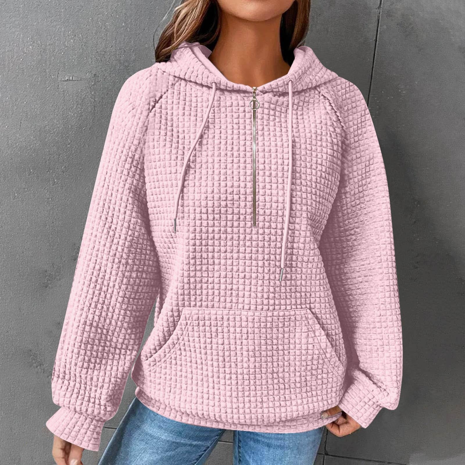 2024 Women's Fashion Waffle Knit Hoodie with Drawstring - Casual Loose Fit Pullover Sweatshirt for Fall | Perfect for Outdoor Activities, Lounge Wear & Everyday Comfort