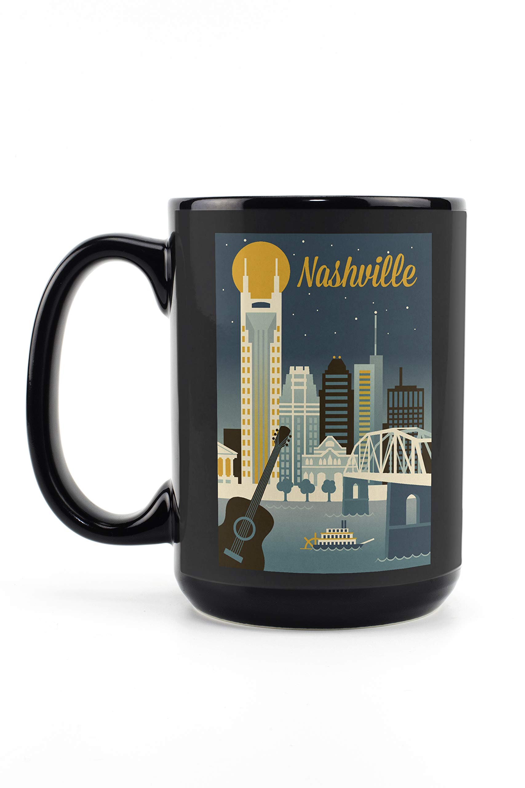 Lantern Press Nashville Tennessee Retro Skyline Classic Series 15oz Black Ceramic Coffee Mug - Microwave & Dishwasher Safe - Perfect for Home, Office & Gifts