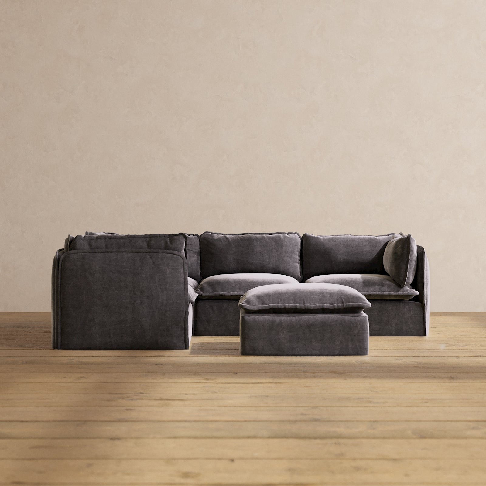 Modular Performance 4-Seater Corner Sectional Sofa with Ottoman in Cinder Gray - Modern L-Shaped Living Room Furniture for Family Gatherings & Movie Nights | Relaxed Blend Fabric