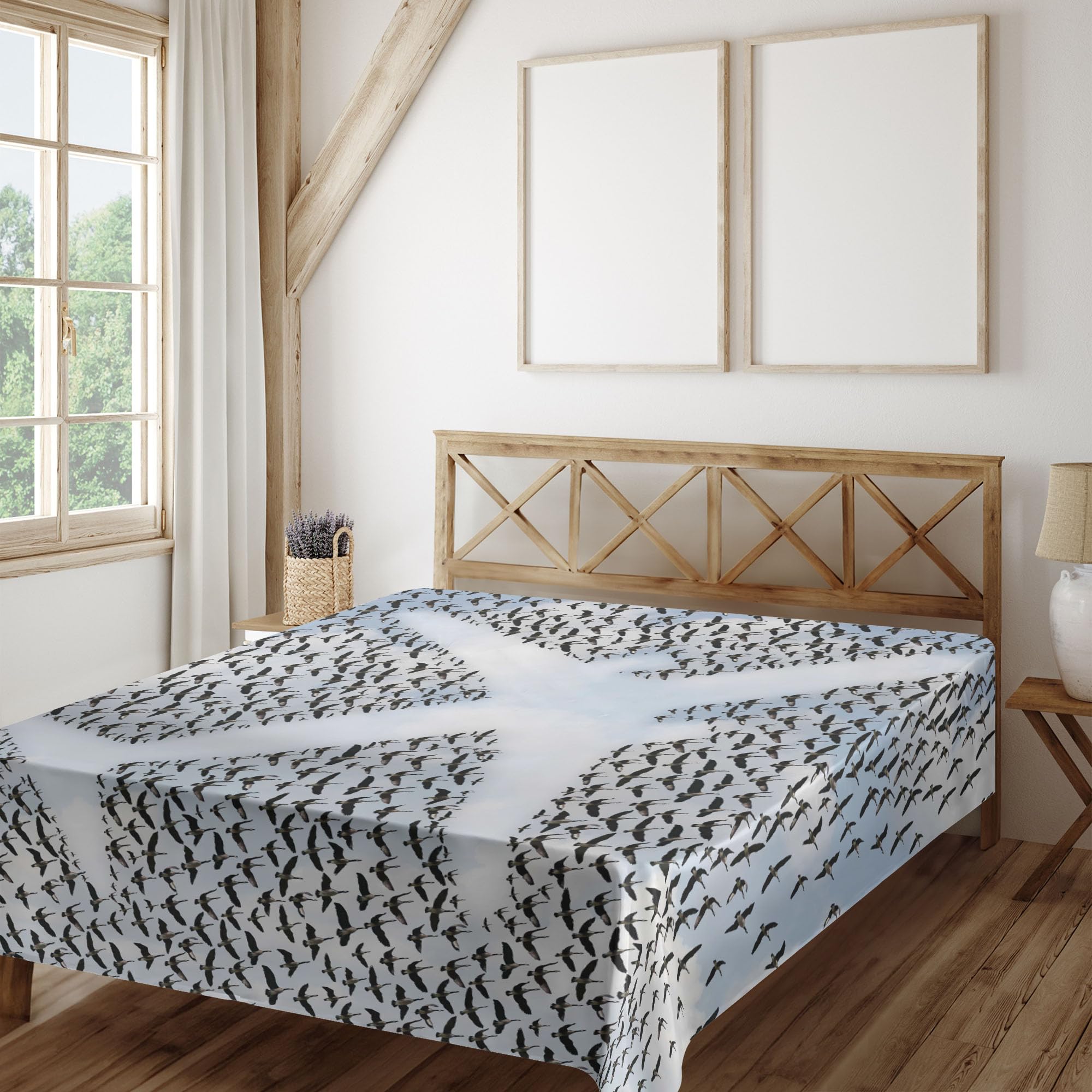 Ambesonne Queen Size Travel Flat Sheet - Soft Comfortable Airplane & Doves Sky Design Decorative Bedding | Perfect for Vacation Homes, Guest Rooms & Adventure Themed Bedrooms (Pale Blue Black White)