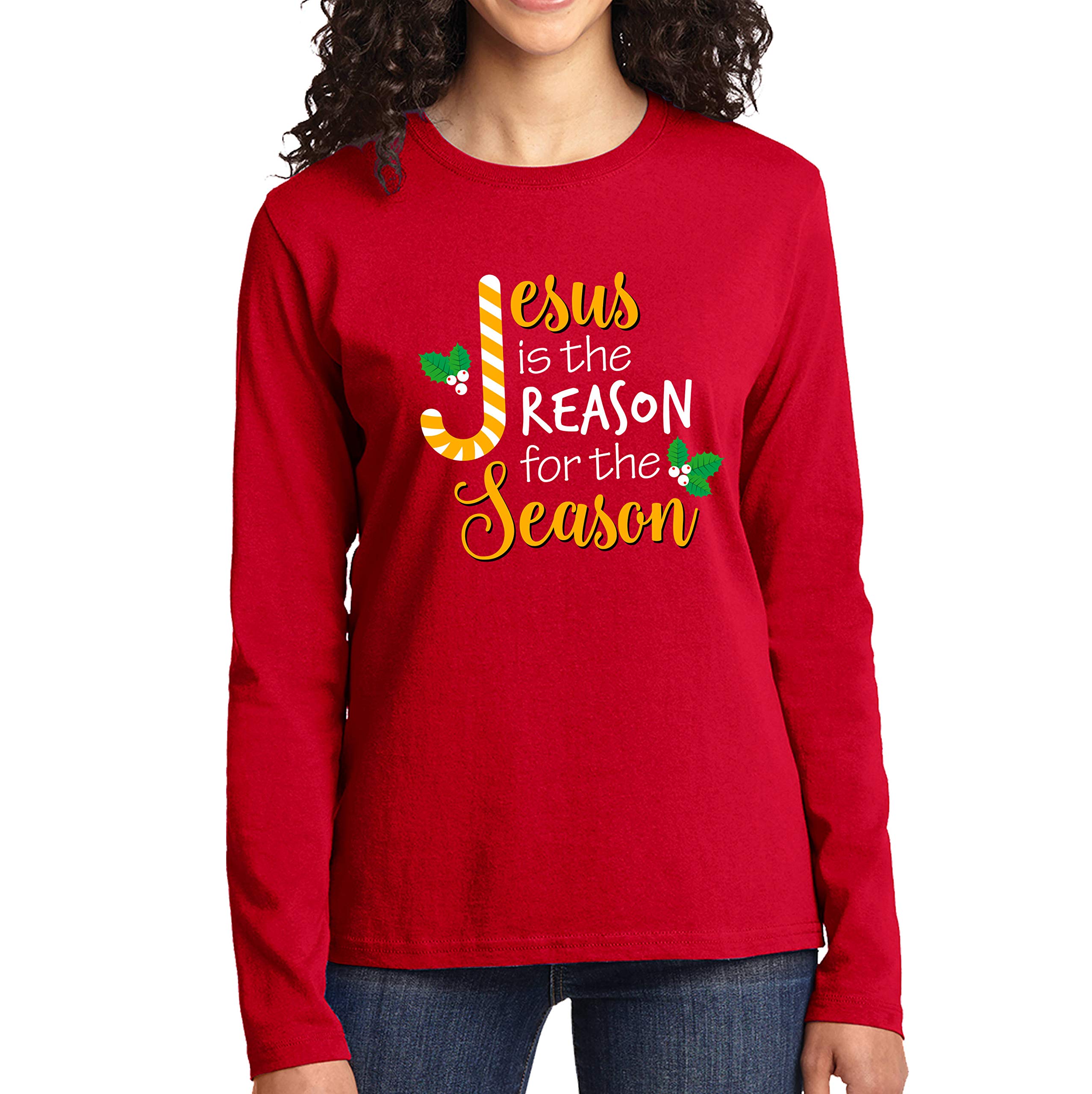 Jesus is The Reason for The Season Christmas Candy Cane Graphic Long Sleeve T-Shirt for Women & Men - Perfect for Holiday Parties, Church Events & Festive Family Gatherings