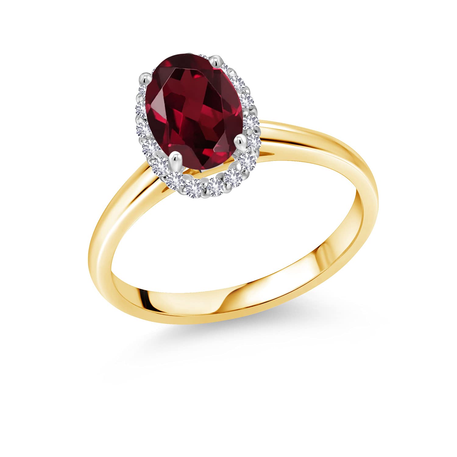 1.57 Ct Natural Red Rhodolite Garnet & White Created Sapphire 10K Yellow Gold Ring with White Gold Prongs - Elegant Wedding, Engagement, Anniversary Jewelry Gift for Women