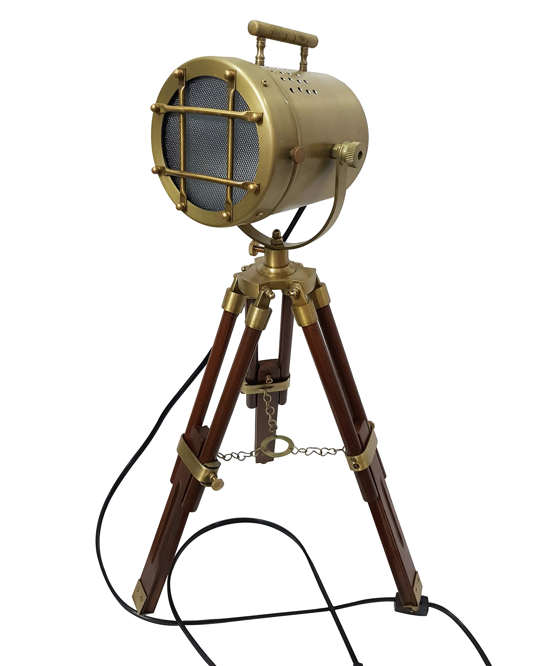 Vintage Nautical Antique Brass Mini Searchlight Desk Lamp with Adjustable Wooden Tripod Stand - LED Table Lamp for Home Office Decor, Living Room Lighting | Perfect for Study, Reading & Coastal-Themed Interior Design