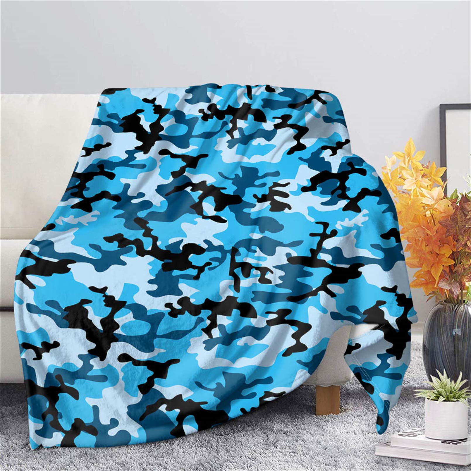 FUSURIRE Blue Camouflage Throw Blanket - Ultra Soft Flannel Lightweight Microfiber All-Season Blanket for Sofa, Bed, Office - 3XL Large Size - Perfect for Lounging, Camping & Home Decor