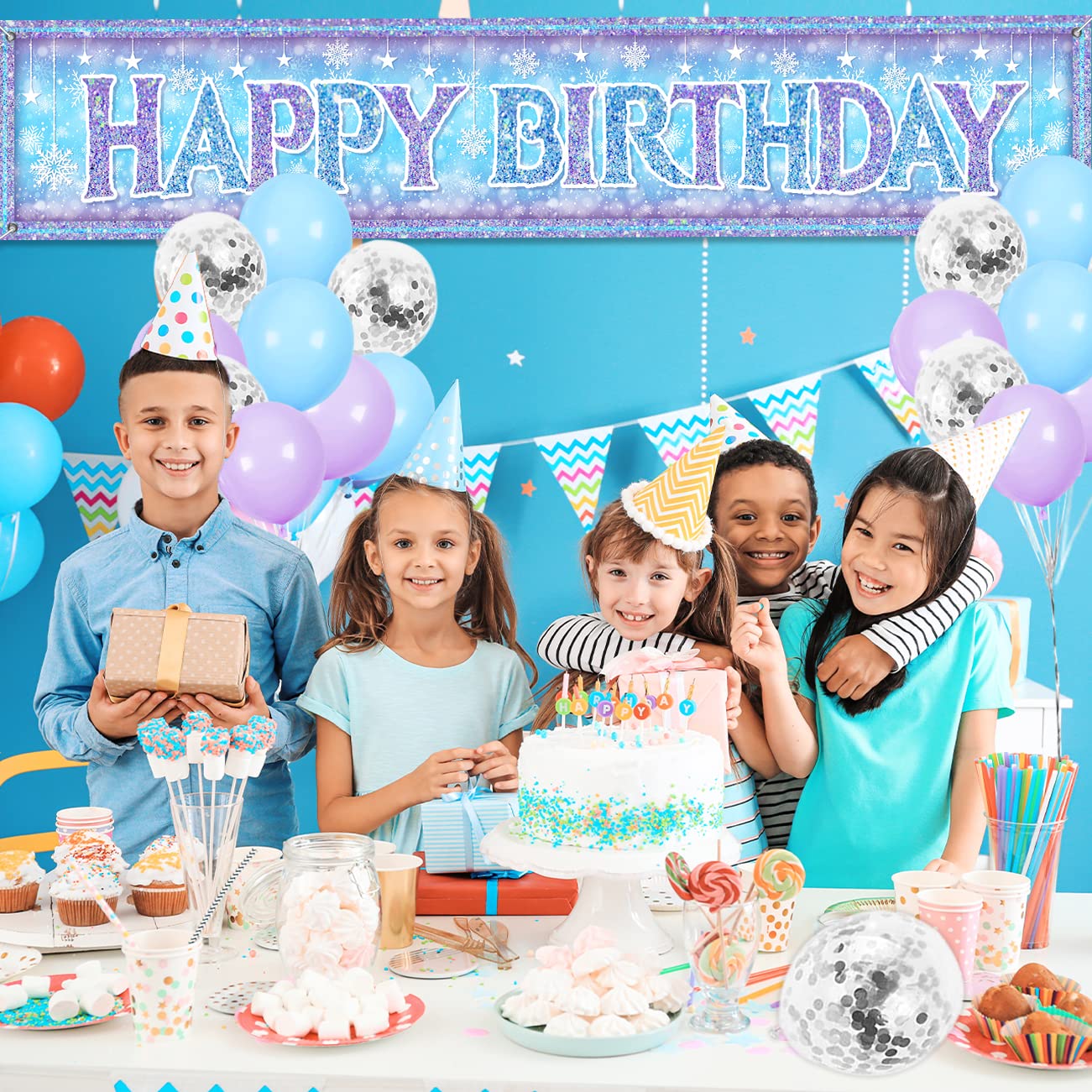 Large Christmas Snowflake Happy Birthday Banner - 18-Piece Snowflake Balloon Set with Elsa & Anna Princess Theme for Girls Birthday Party Decorations, Backdrop, Yard Sign - Perfect for Frozen-Themed Parties, Winter Celebrations & Holiday Events