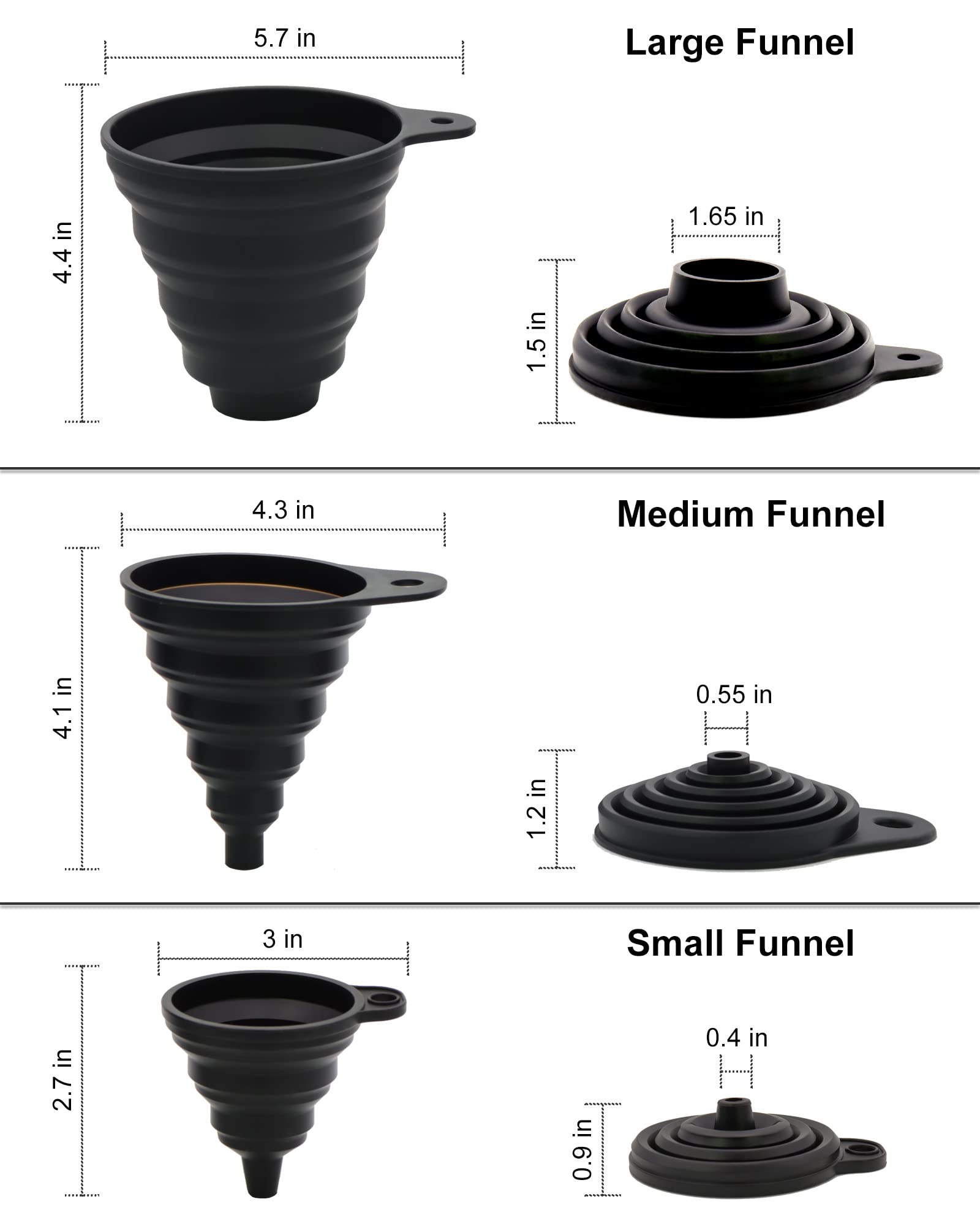 Premium 3-Piece Silicone Collapsible Kitchen Funnel Set - Food Grade Liquid & Powder Transfer Funnel for Bottles, Jars & Canning - Large, Medium & Small Wide Mouth Funnels for Cooking, Baking, Home Brewing & DIY Projects