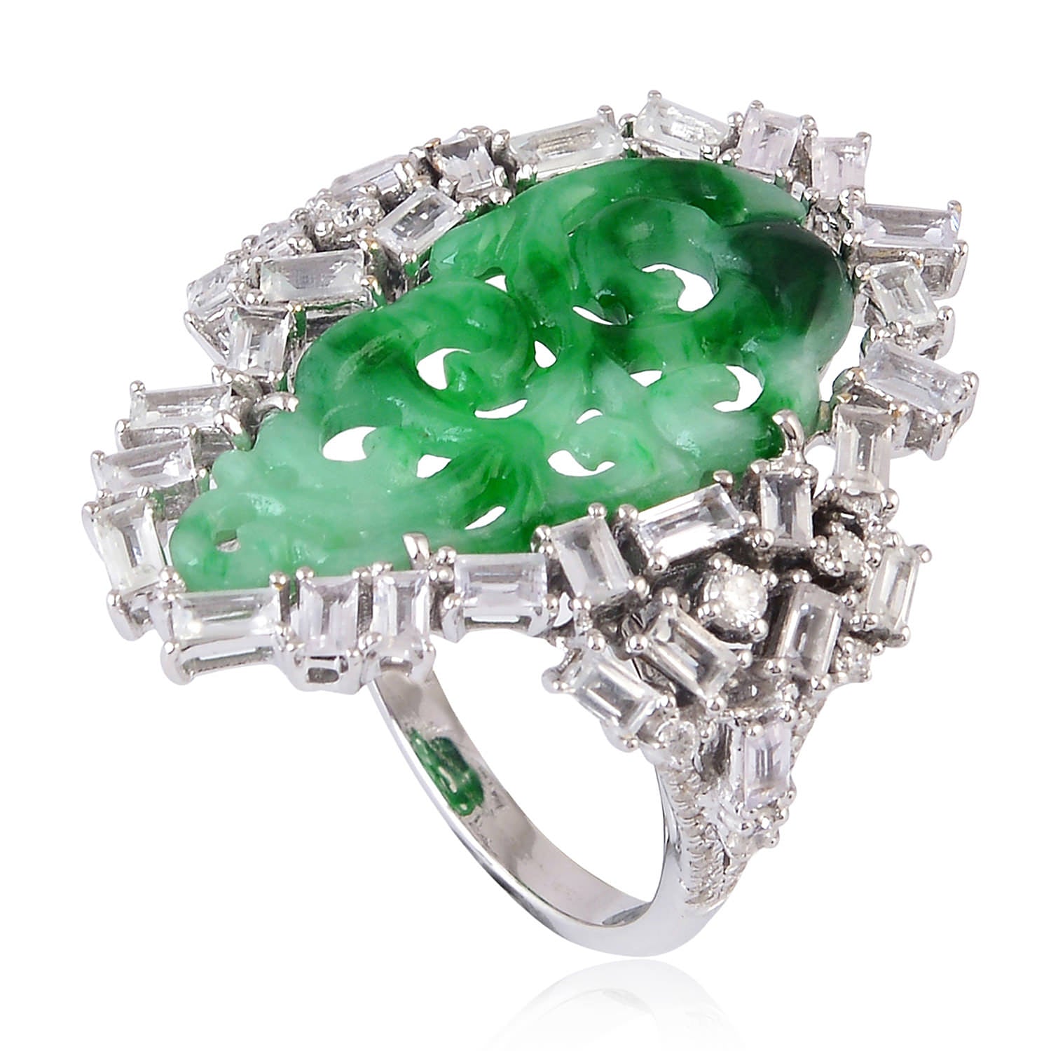 18K White Gold Carved Jade Baguette Sapphire Pave Diamond Designer Ring - Elegant Jewelry for Weddings, Anniversaries & Special Occasions