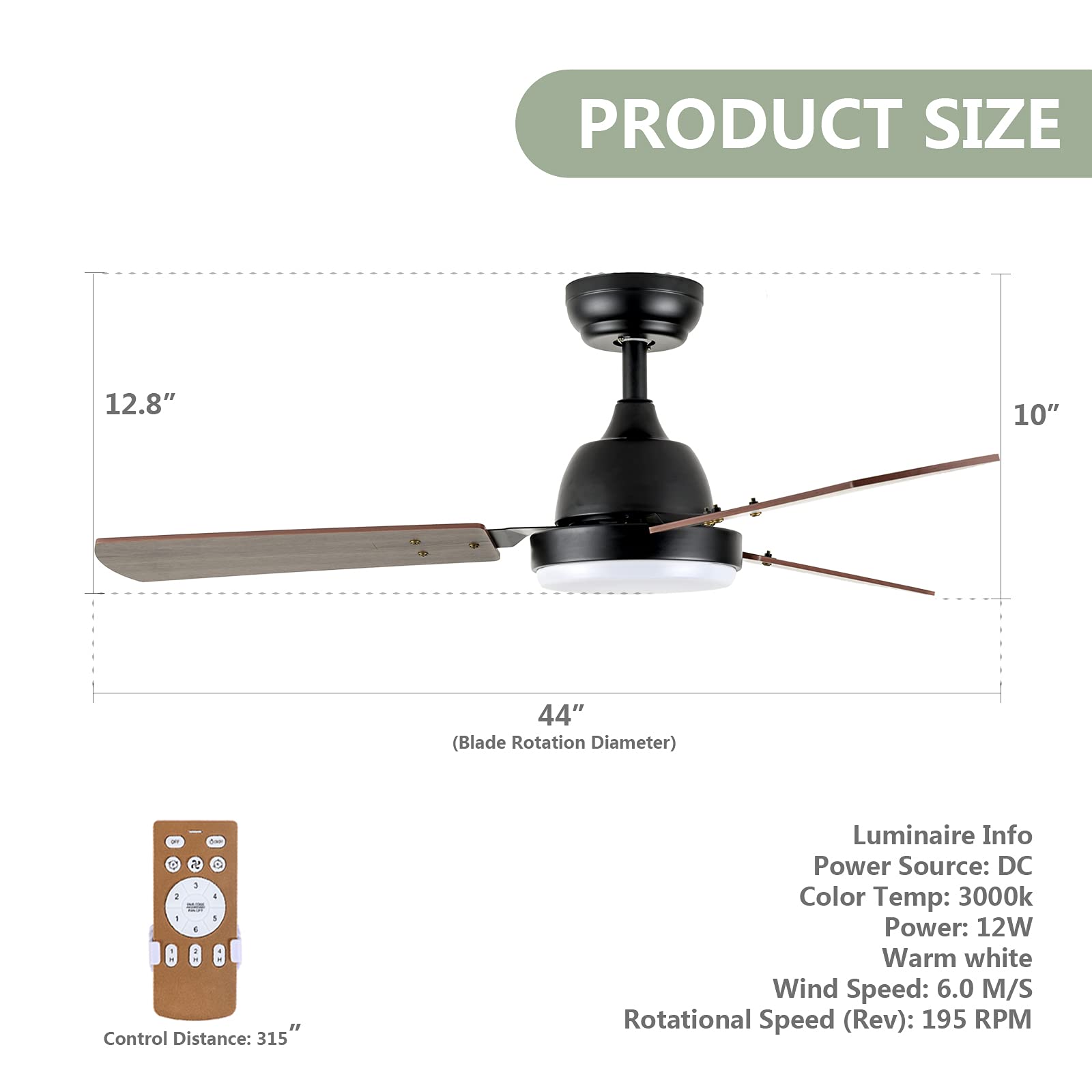 Simple Deluxe 44-inch Ceiling Fan with LED Light & Remote Control - 6 Speed Settings, 2 Rotation Modes, Timer Function - Perfect for Living Room, Bedroom & Office Cooling