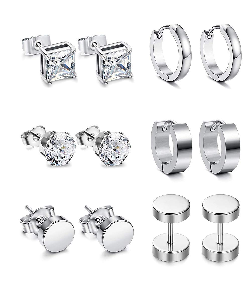 YZstyle 6 Pairs Stainless Steel Stud & Hoop Earrings Set for Men & Women - Durable Huggie Earrings for Daily Wear, Parties & Gifts