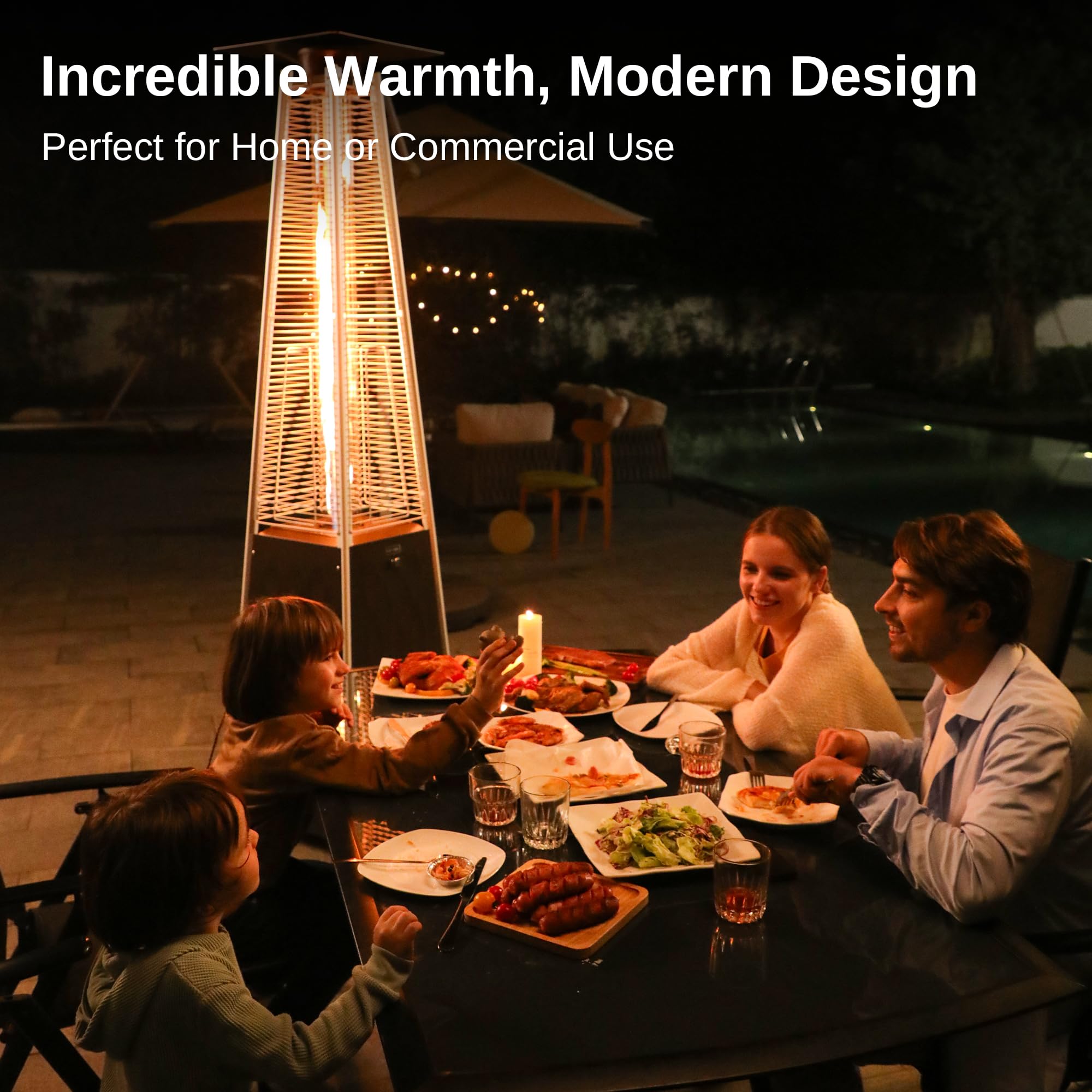 EAST OAK 48,000 BTU Stainless Steel Pyramid Patio Heater with Quartz Glass Tube - Triple Protection System & Wheels - Outdoor Propane Heater for Restaurants, Backyard, Deck, Garden - Commercial & Residential Use