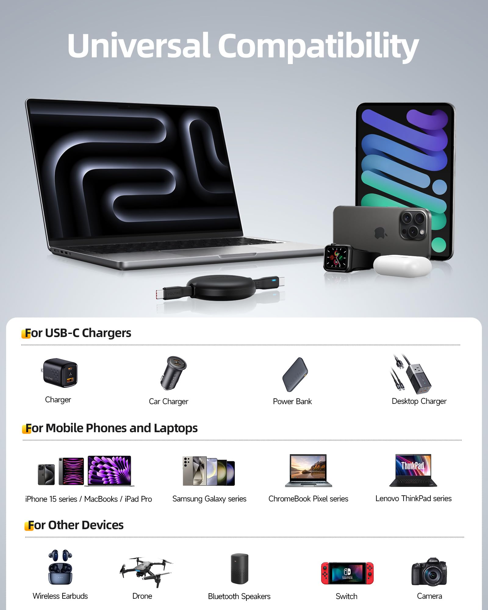 VOLTME 100W USB C to USB C Fast Charging Cable (3.3ft Retractable) - Compatible with iPhone 16, MacBook Pro 2020, iPad Pro/Air 4, Galaxy S24+/Ultra - Perfect for Travel, Office & Home Charging (Black)