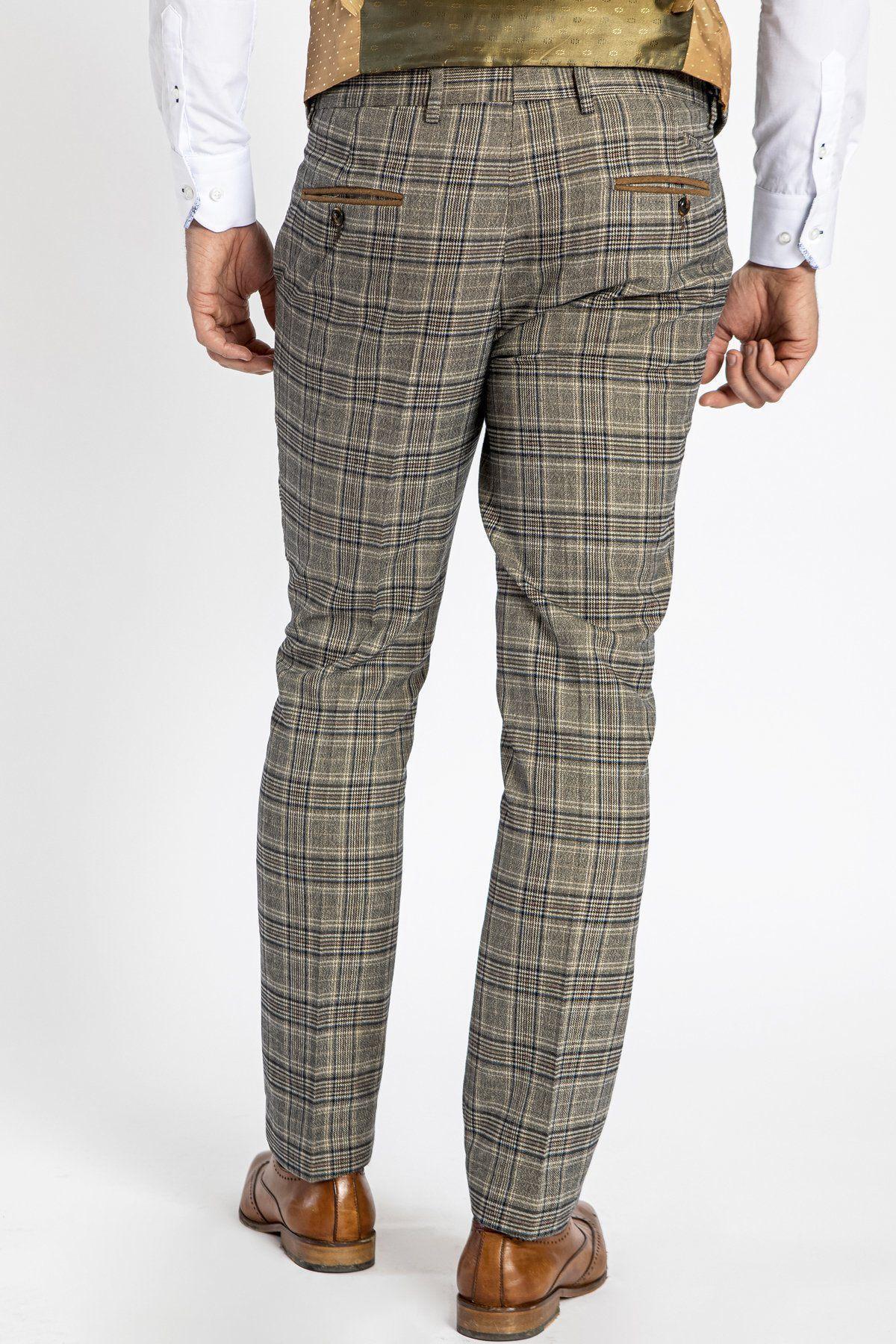 ENZO Tan Check Tweed Trousers for Women - Classic Vintage High Waist Pants | Perfect for Office, Dating & Fall Fashion