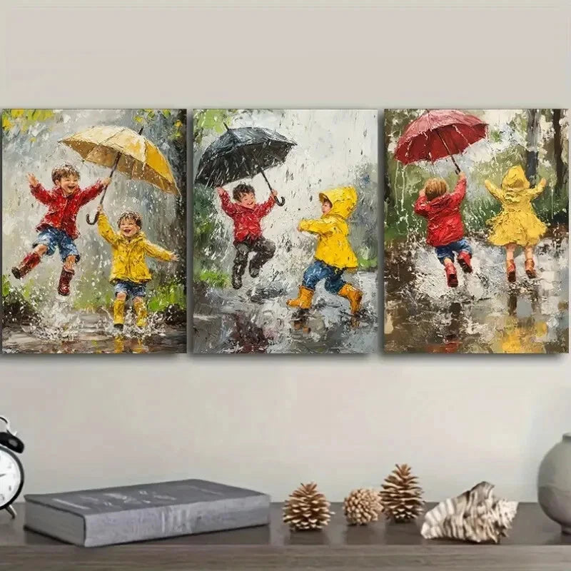 3-Piece Kids Playing in the Rain Metal Wall Art Prints - Ready to Hang Nursery Decor for Baby Room, Playroom & Kids Bedroom