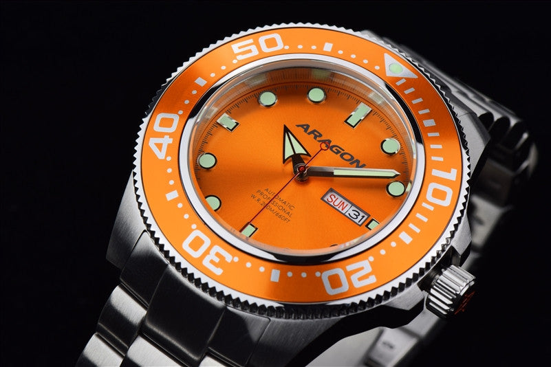 ARAGON Divemaster Automatic 50mm Men's Watch - A054ORG Orange Dial Stainless Steel Dive Watch - Perfect for Scuba Diving, Swimming & Water Sports