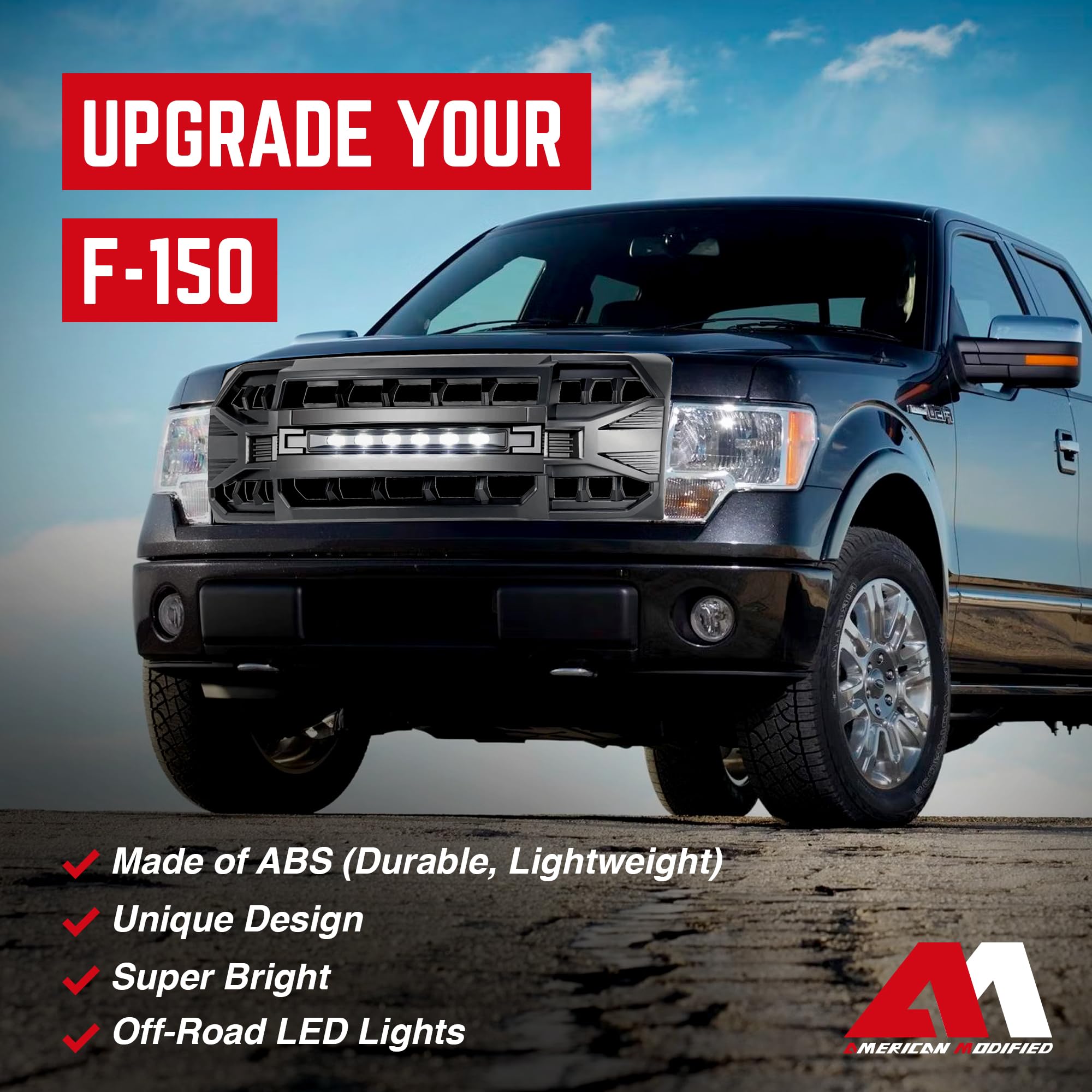 2009-2014 Ford F150 Front Grille Replacement - Matte Black Off-Road Style with LED Lights | Durable Aftermarket Grill Upgrade for Truck Accessories & Off-Road Adventures