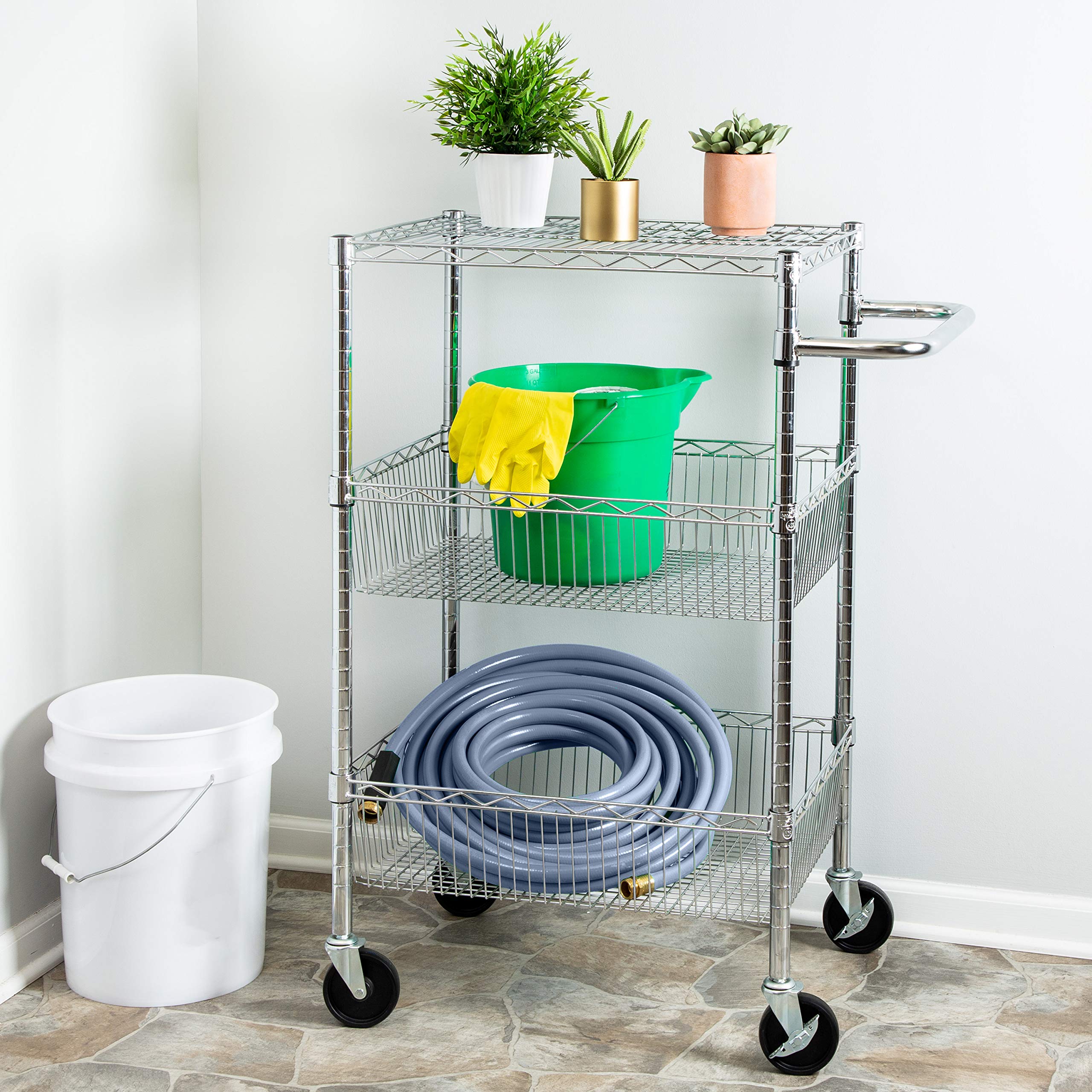 Honey-Can-Do 3-Tier Chrome Storage Cart with Wheels CRT-01451 - Rolling Utility Organizer for Kitchen, Bathroom, Office, or Garage Storage