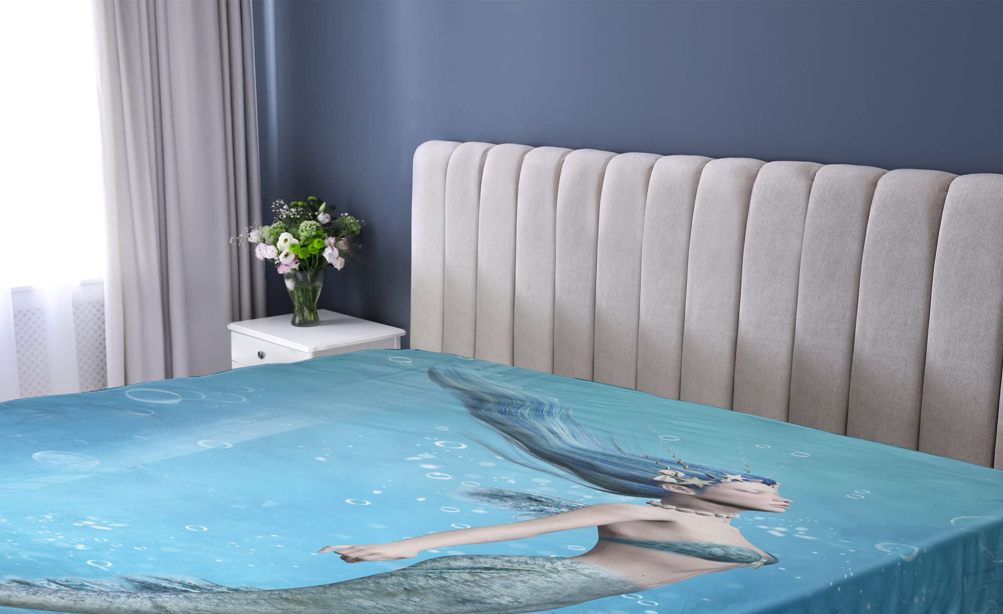 Ambesonne Underwater Fitted Sheet - Mermaid Fishtail Ocean Life Art Print, Deep Pocket Elastic Twin XL Bed Sheet for Comfort | Mythical Creature Themed Bedding for Kids Room, Guest Bed or Beach House Decor (Blue)
