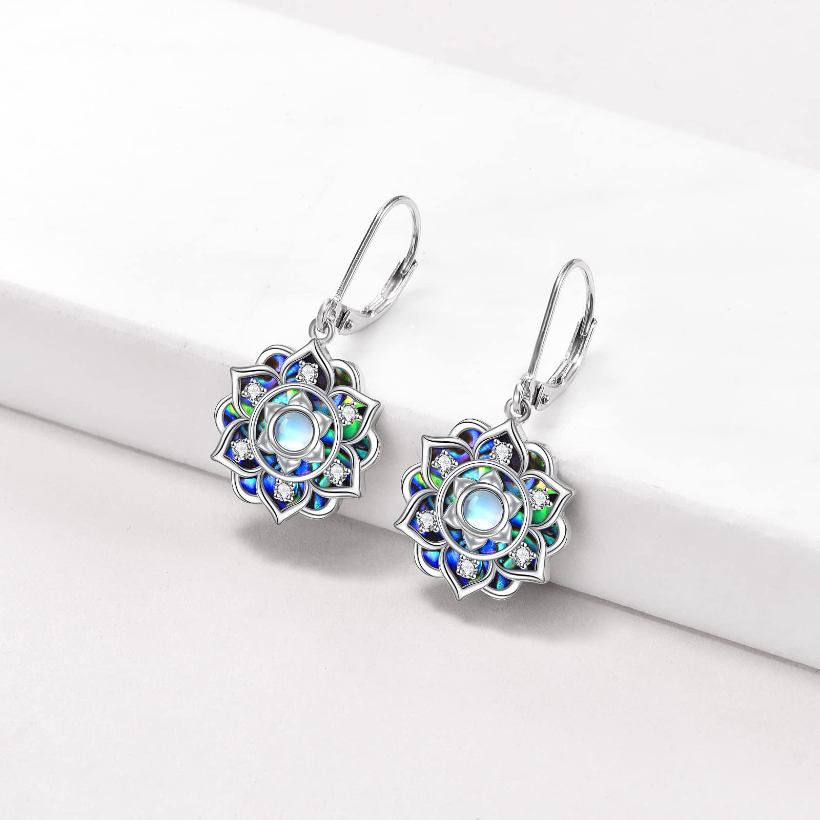 Moonstone Lotus Earrings - Sterling Silver Abalone Shell Lotus Flower Dangle Drop Earrings for Women | Yoga Jewelry, Mother's Day Gift for Mom | Perfect for Meditation, Boho Fashion & Special Occasions