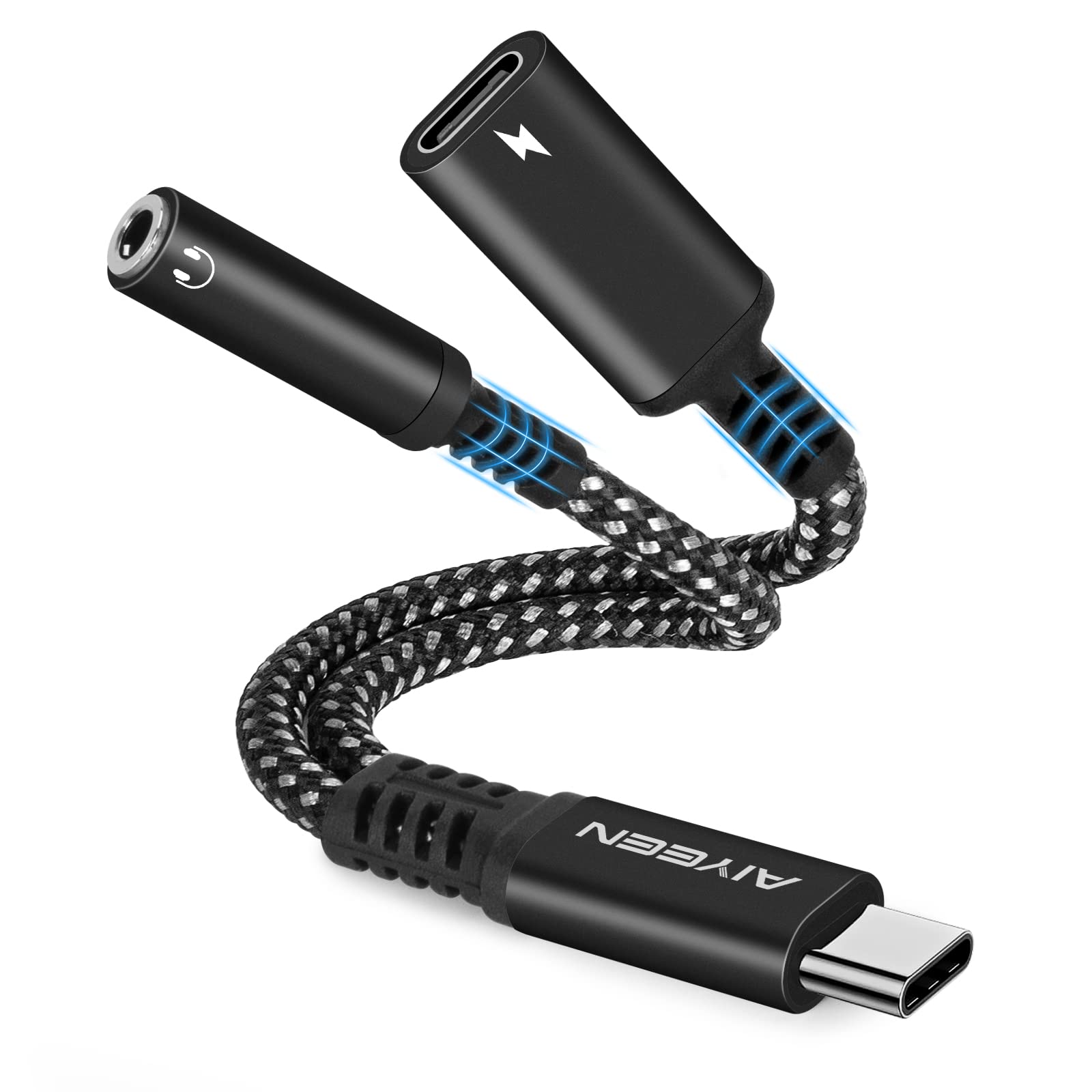 AIYEEN 2-in-1 USB C to 3.5mm Headphone and Charger Adapter - USB C PD 3.0 Fast Charging & Aux Audio Dongle - 60W Power Delivery - Compatible with Google Pixel, Samsung Galaxy, iPhone 15 - Perfect for Travel, Work & Gaming (Black)