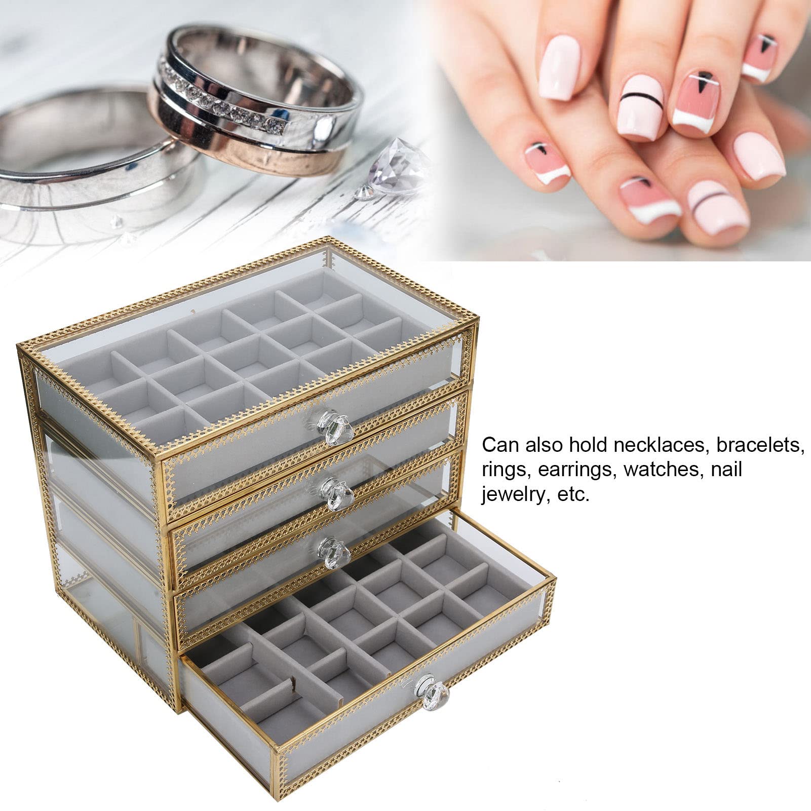EXCLUZO 60 Grids Clear Glass Nail Art Organizer Box with 4 Drawers - Nail Polish & Jewelry Storage for Salon, Home, and Mall Counter Display