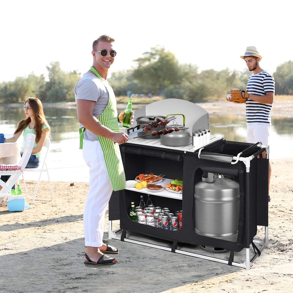 Giantex Portable Outdoor Camping Kitchen Table with Windscreen & Removable Sink | Foldable BBQ Grill Station for Camping, Backyard Parties, Picnics & Outdoor Cooking | Heavy-Duty Aluminum Frame for Stability