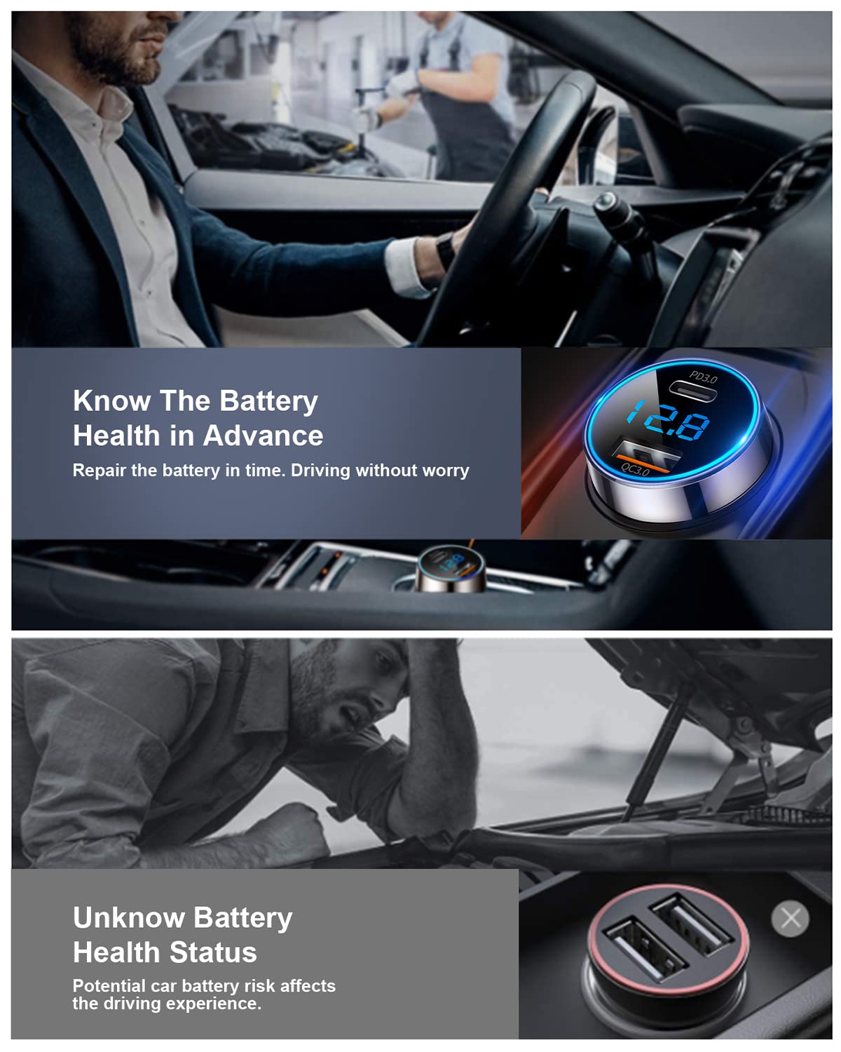 45W Dual USB C Car Charger with PD & QC3.0 Fast Charging - Pure Copper USB C Car Adapter for iPhone 15/14/13, Samsung Galaxy S22/S21, Pixel 7/6/5 - LED Voltmeter Display - Perfect for Road Trips & Daily Commute