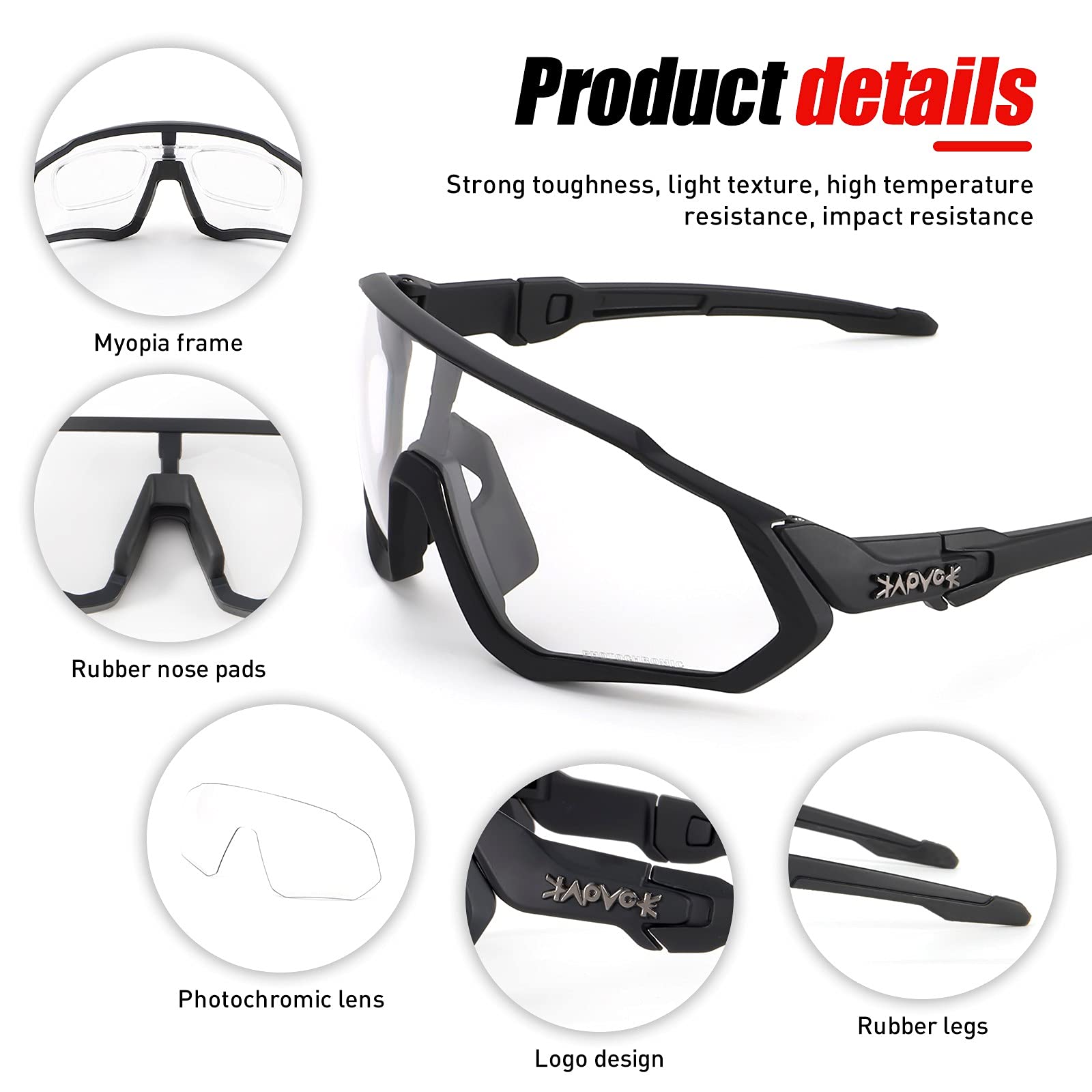 KAPVOE Photochromic Cycling Glasses for Men & Women - UV Protection MTB Sunglasses with Clear Lens for Mountain Bike Riding - Perfect for Road Cycling, Commuting & Outdoor Sports