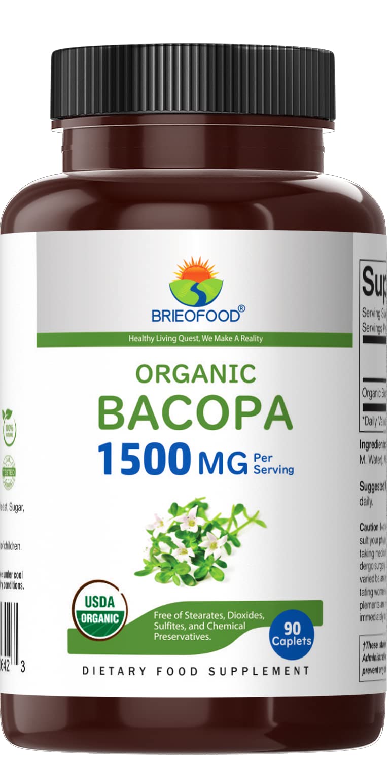 Brieofood Organic Bacopa 1500mg Supplement - 90 Vegetarian Tablets (45 Servings) | Gluten-Free, Non-GMO Brain Support for Memory & Focus | Daily Cognitive Enhancement for Students & Professionals