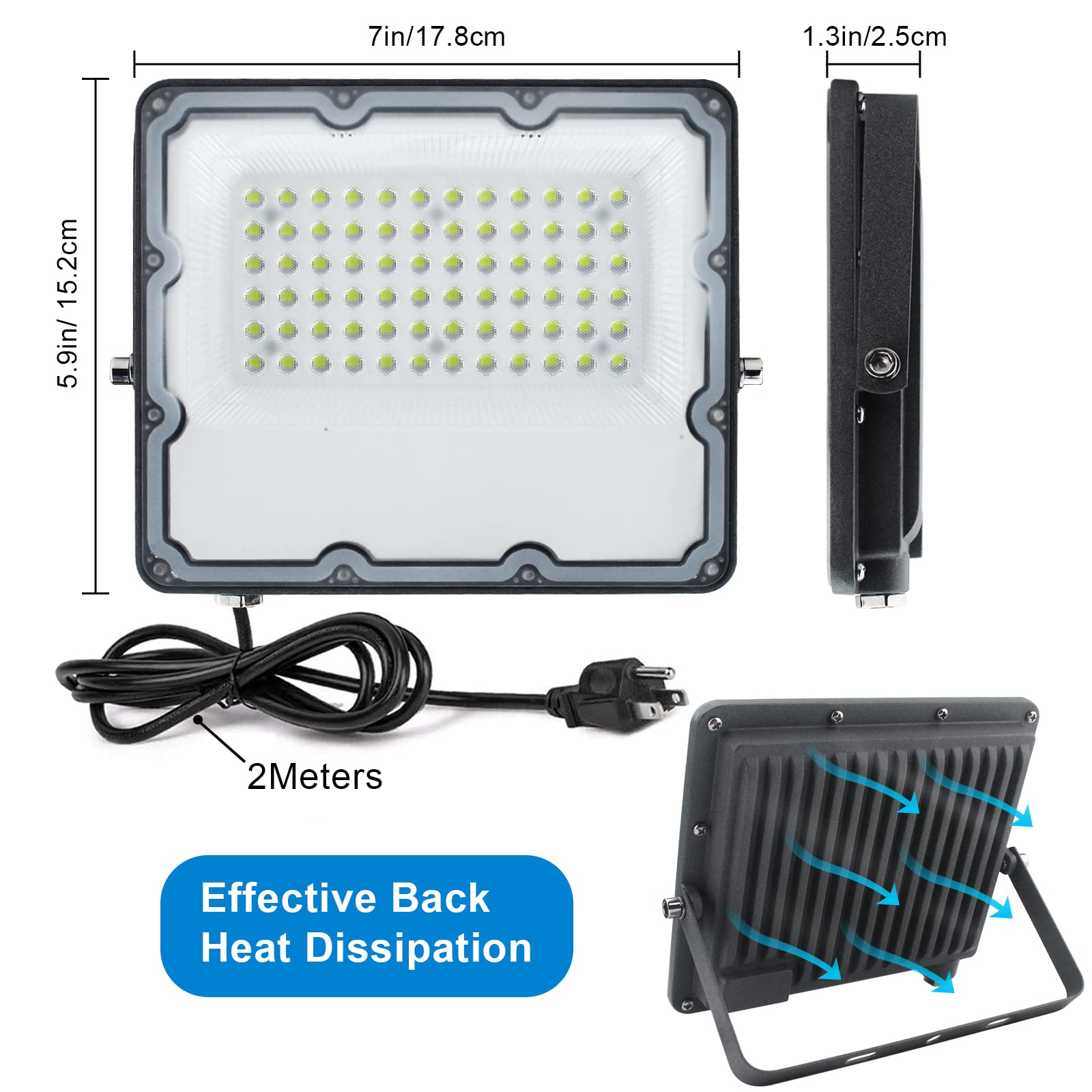 50W LED Flood Light Plug-in, 6500K White Security Light with 5000LM Brightness, IP66 Waterproof Outdoor & Indoor Wall Fixture - Perfect for Ball Grounds, Parking Lots, Pathways, Yards, and Chicken Coops - Ideal for Home Security, Landscape Lighting, and Agricultural Use