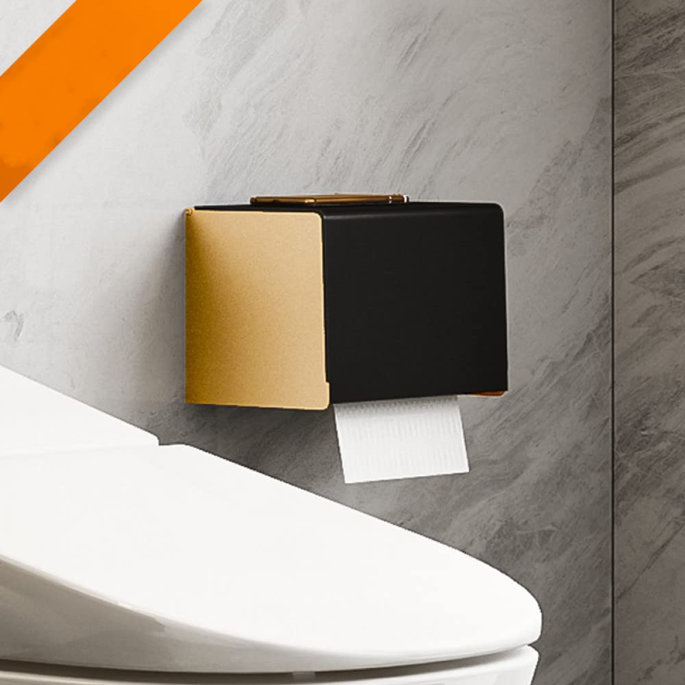 No-Drill Toilet Paper Holder with Phone Shelf - Wall Mount Bathroom Tissue Roll Dispenser - Black & Gold Finish - Space-Saving Bathroom Accessory - Perfect for Small Bathrooms, Apartments & RVs