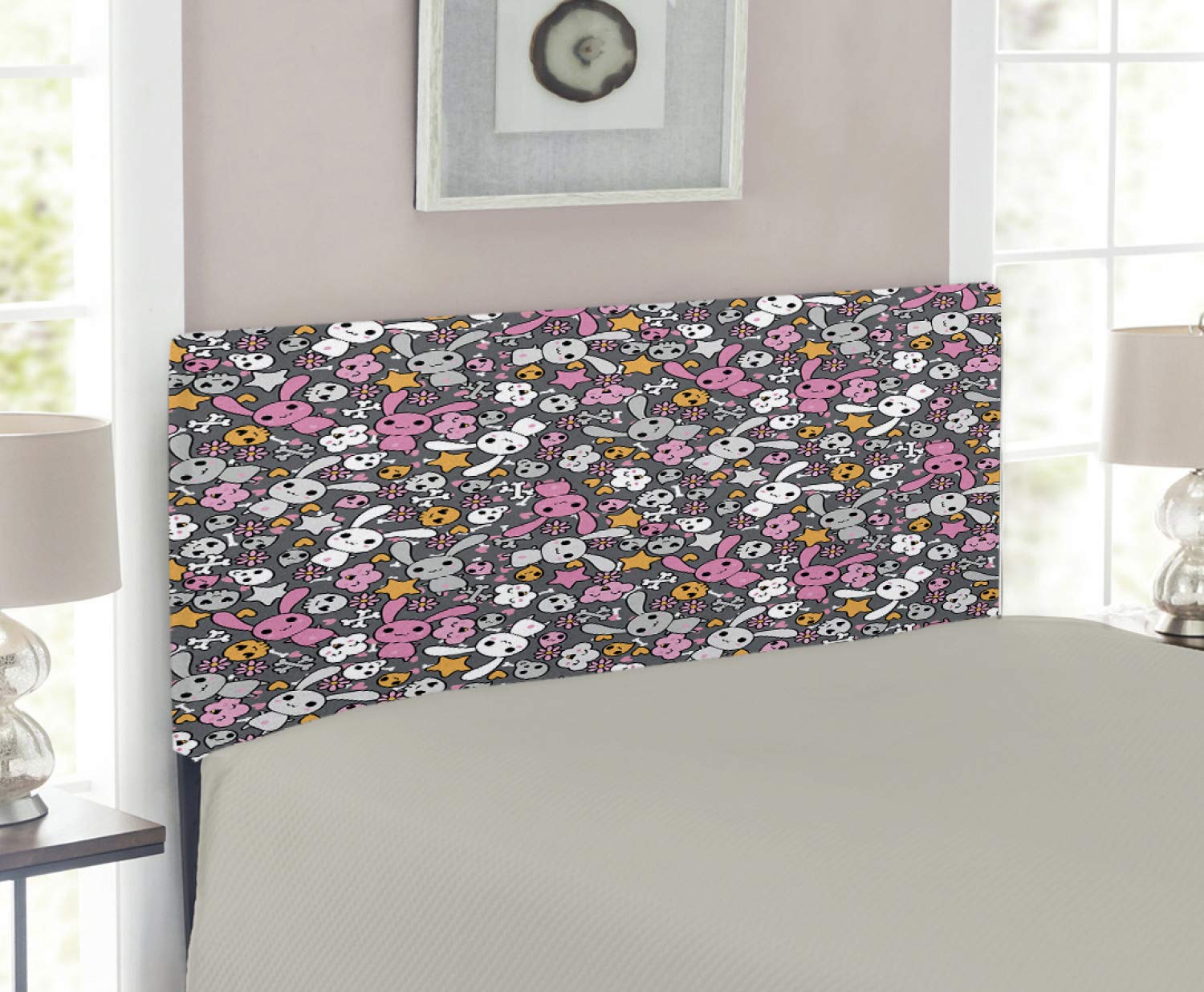 Ambesonne Kawaii Bunnies & Clouds Anime Headboard - Decorative Metal Bed Frame with Memory Foam, Twin Size, Multicolor Japanese Cartoon Design | Perfect for Kids' Bedrooms, Anime Themed Rooms & Cozy Bedroom Decor