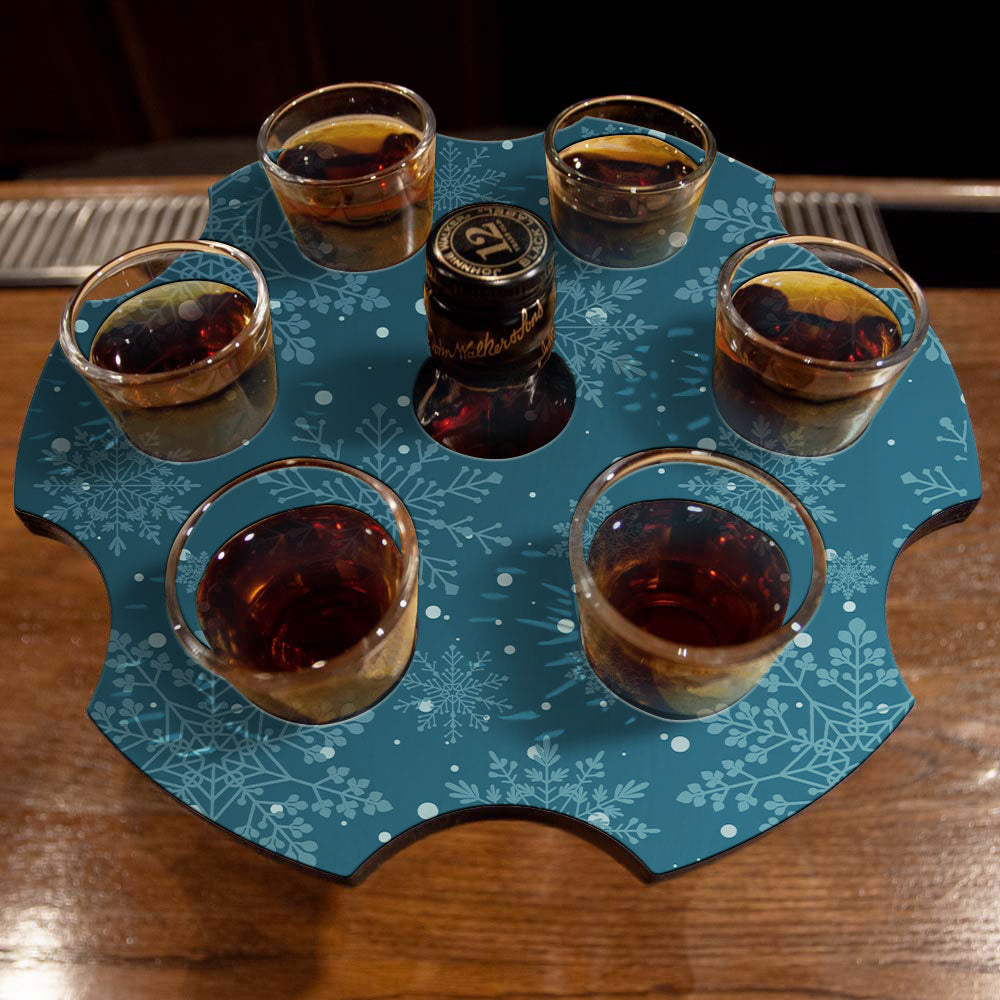6-Shot Wooden Shot Glass Holder with Bottle Stopper - Snowflake Design - Perfect for Parties, Bars, and Home Entertaining